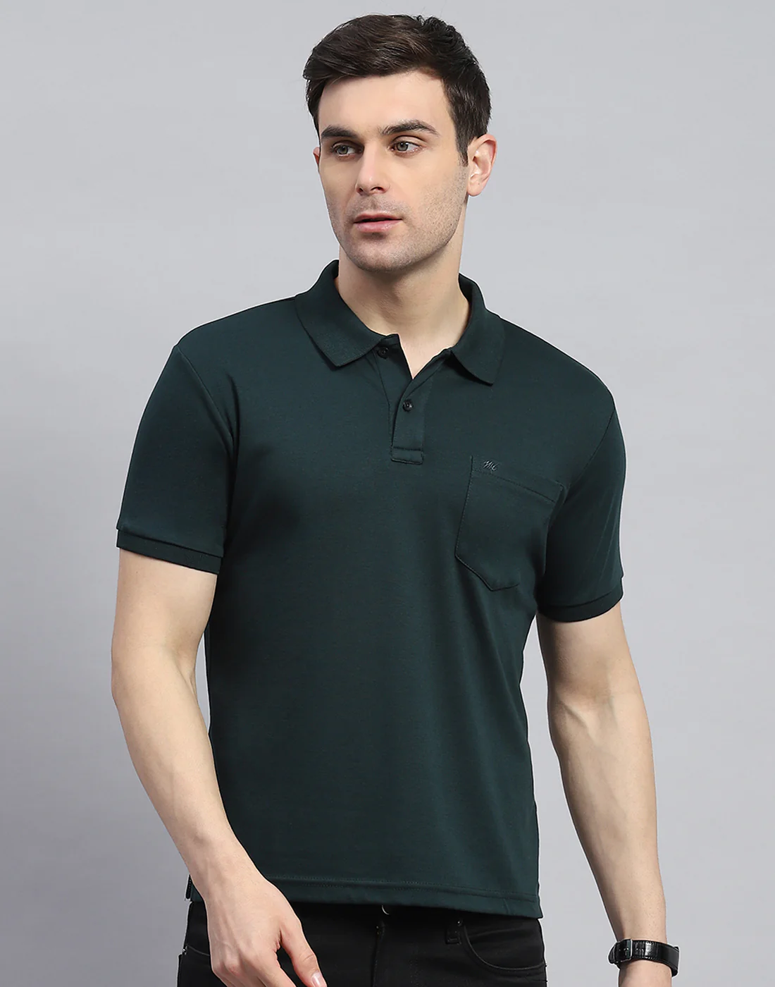 Men Green Solid Polo Collar Half Sleeve T-Shirt - Image 3