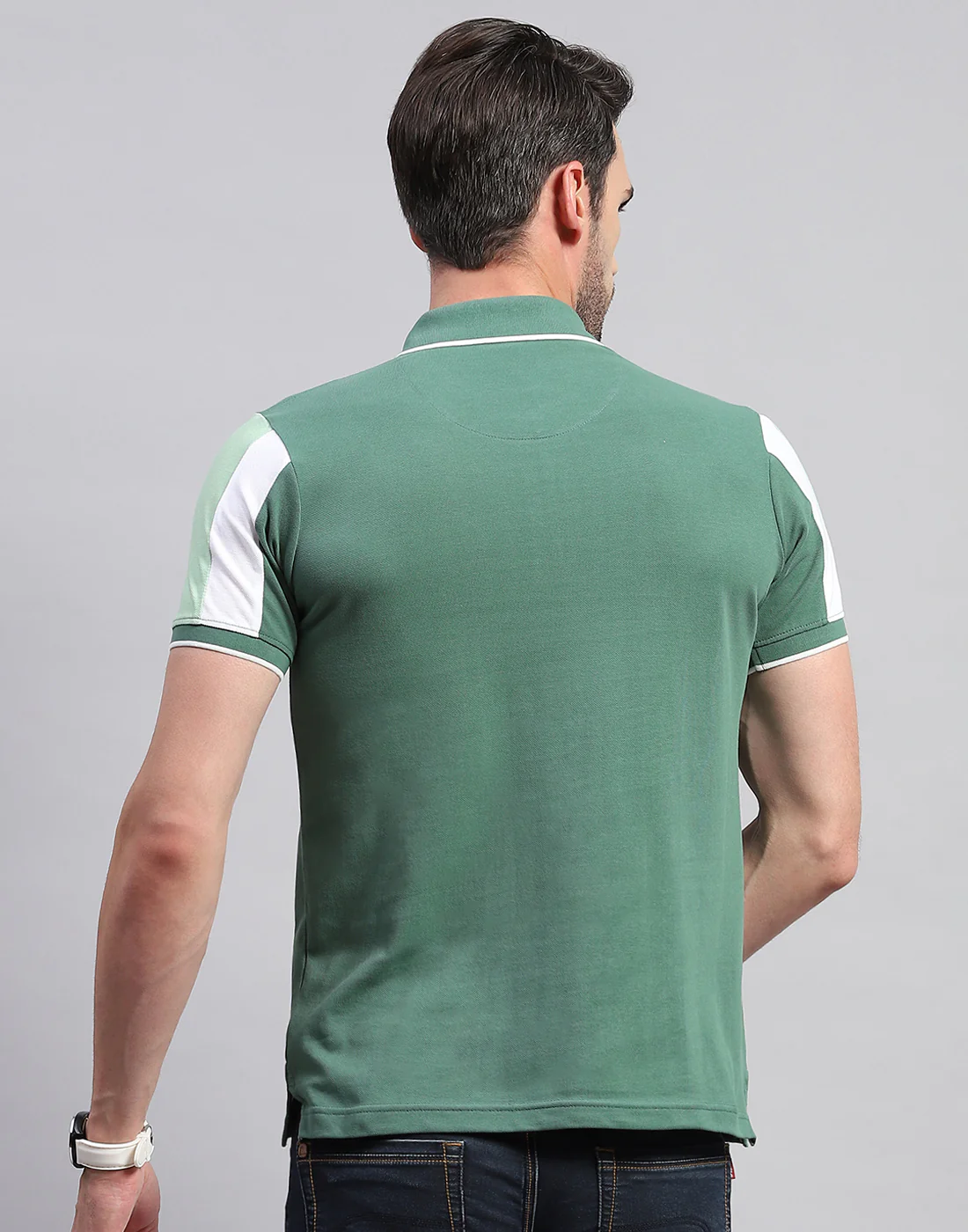 Men Green Solid Polo Collar Half Sleeve T-Shirt - Image 5