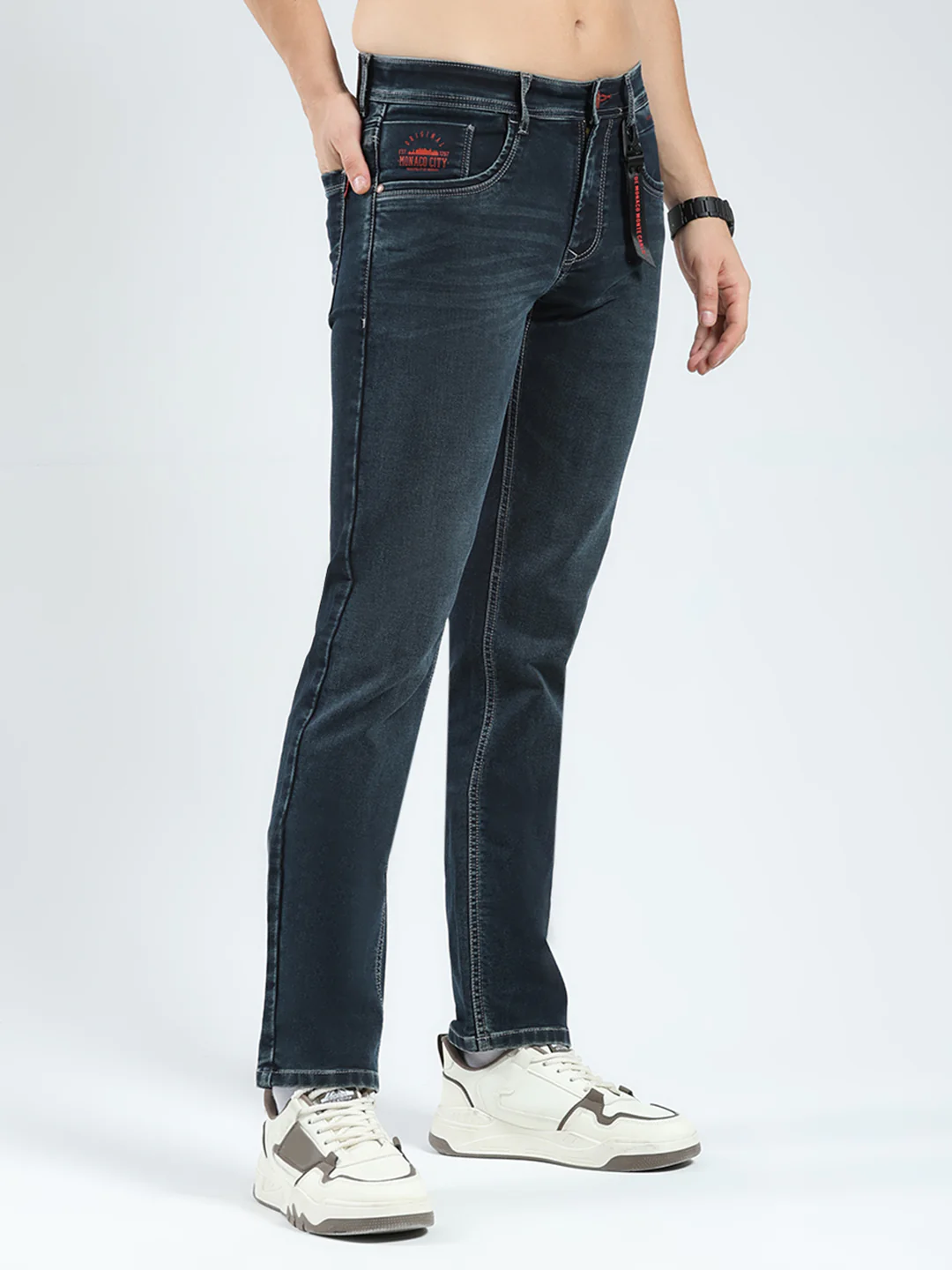 Men Green Solid Narrow Fit Denim - Image 4