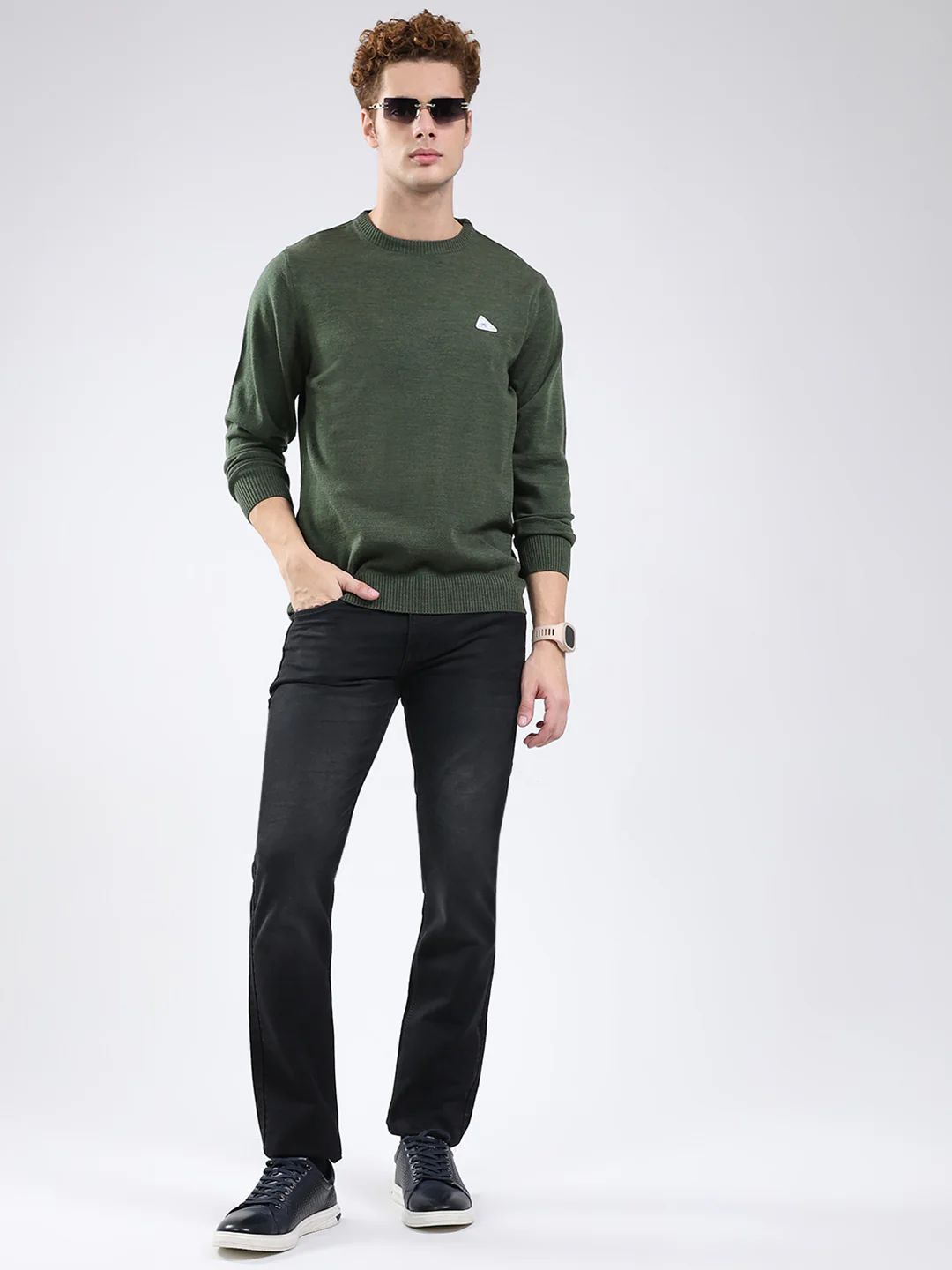 Men Green Solid Round Neck Full Sleeve Pullover - Image 2