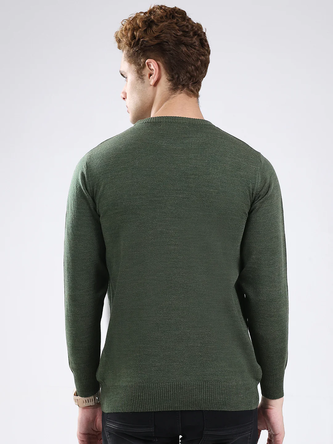 Men Green Solid Round Neck Full Sleeve Pullover - Image 5