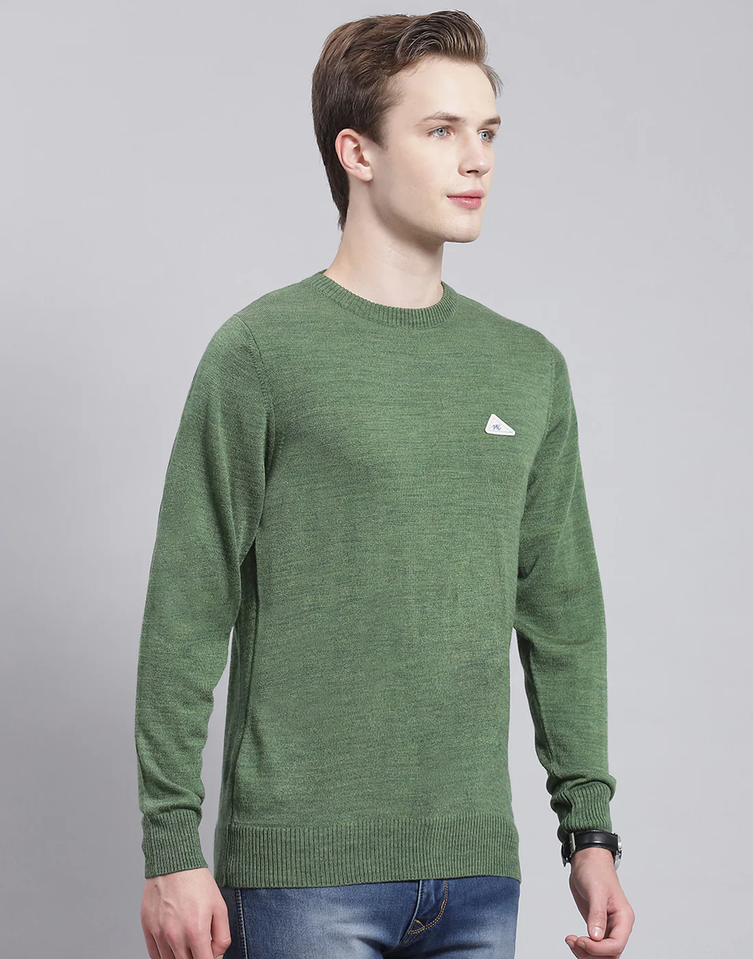 Men Green Solid Round Neck Full Sleeve Sweater - Image 4