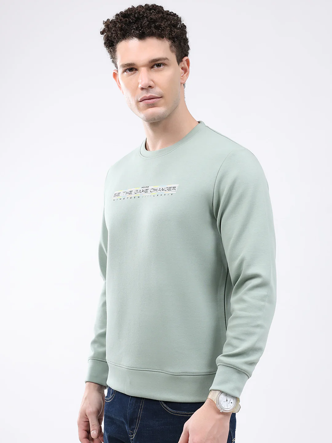 Men Green Solid Round Neck Full Sleeve Sweatshirt - Image 3