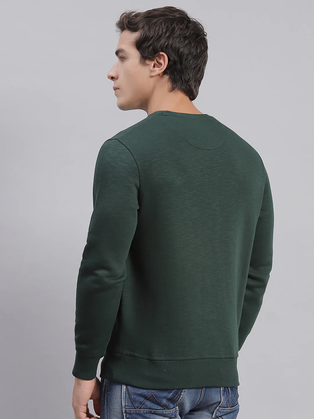 Men Green Solid Round Neck Full Sleeve Sweatshirts - Image 5