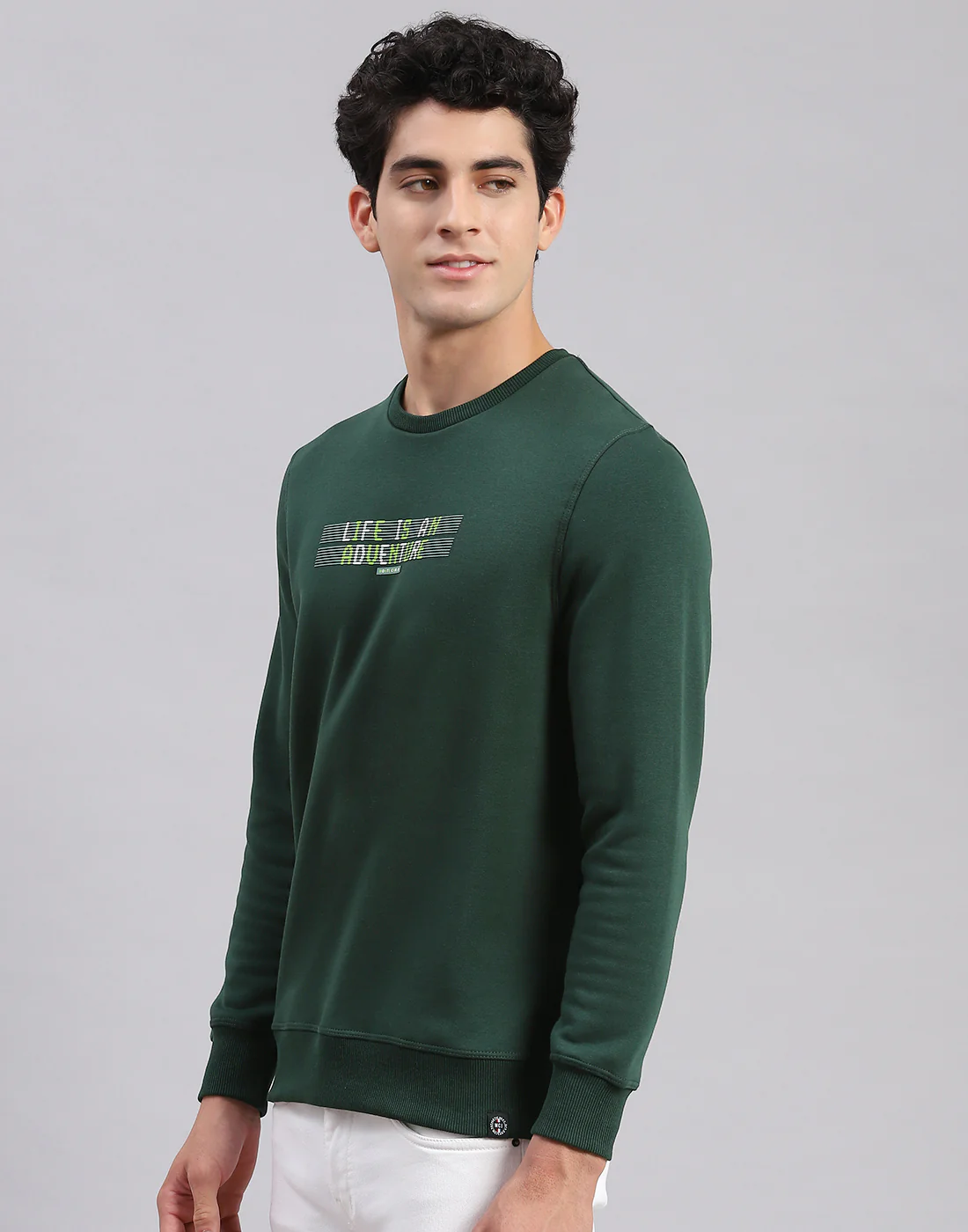 Men Green Solid Round Neck Full Sleeve Sweatshirts - Image 4