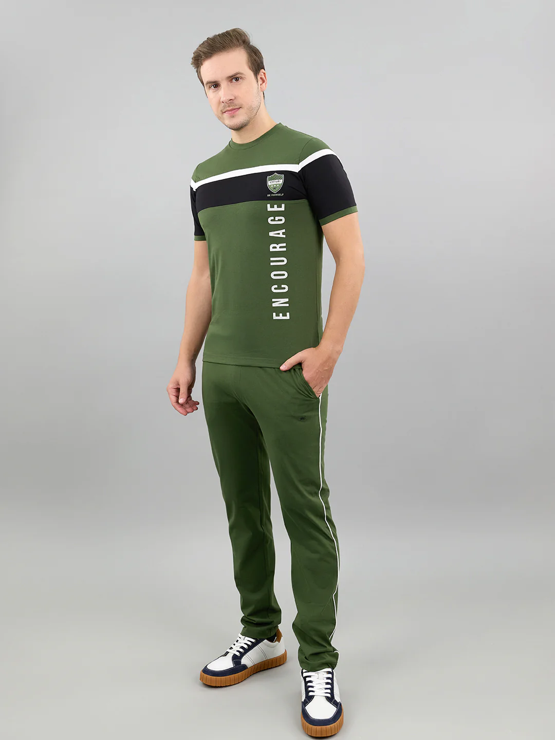 Men Green Solid Round Neck Half Sleeve Lower Set - Image 3