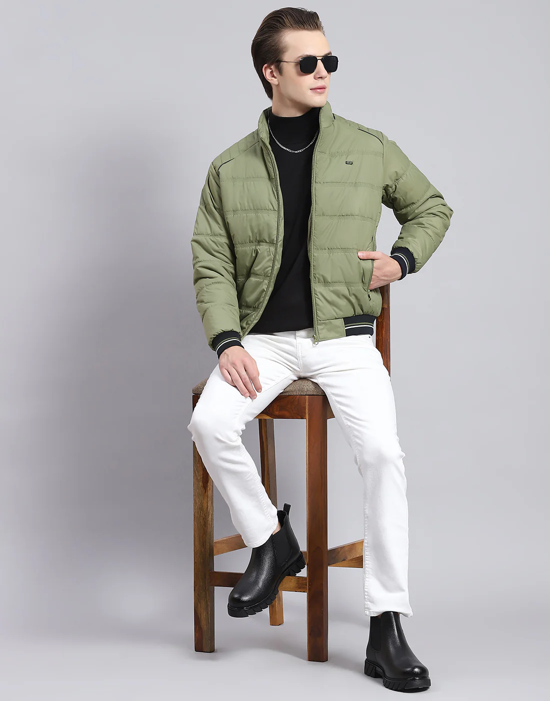 Men Green Solid Stand Collar Full Sleeve Jacket - Image 2