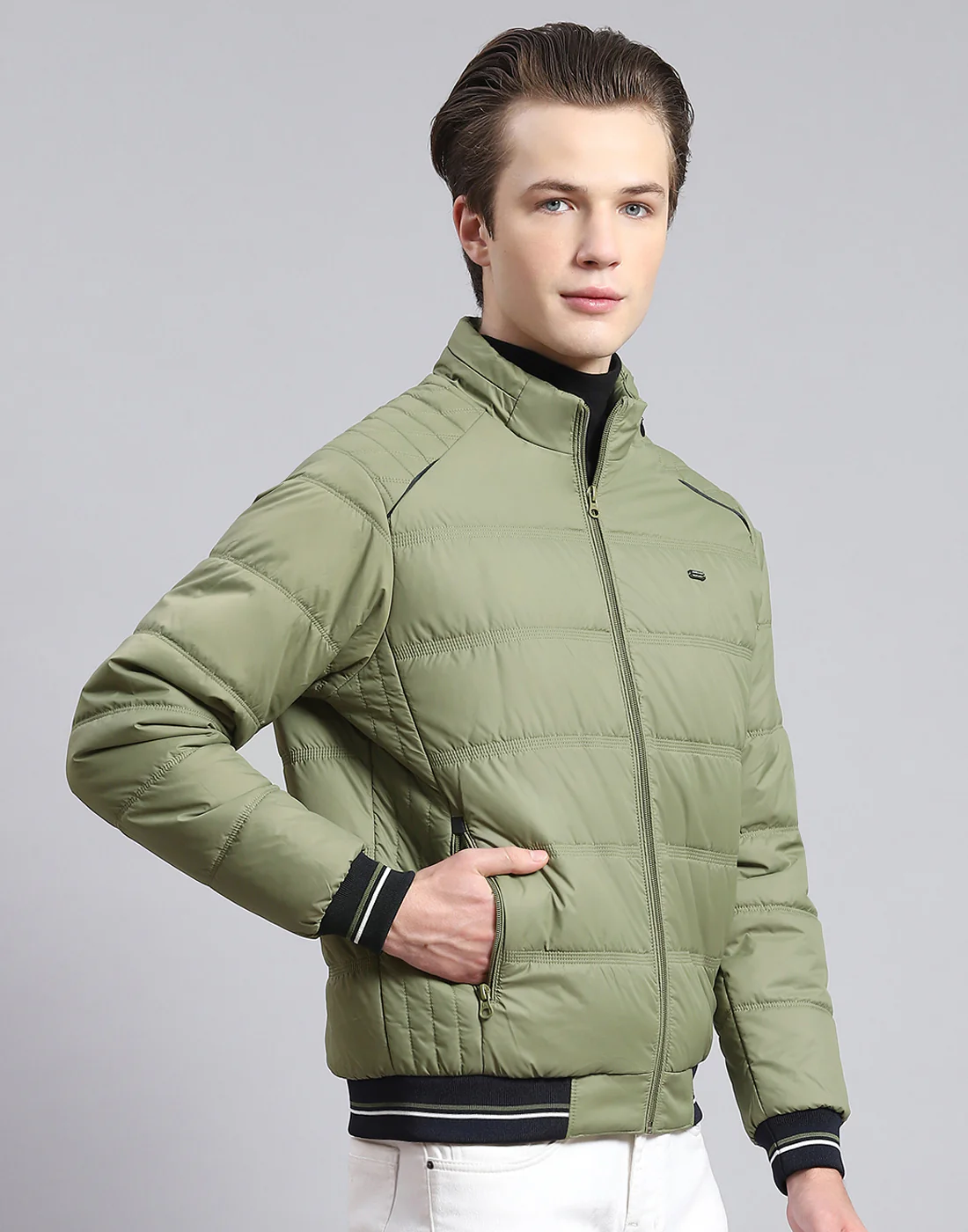 Men Green Solid Stand Collar Full Sleeve Jacket - Image 4