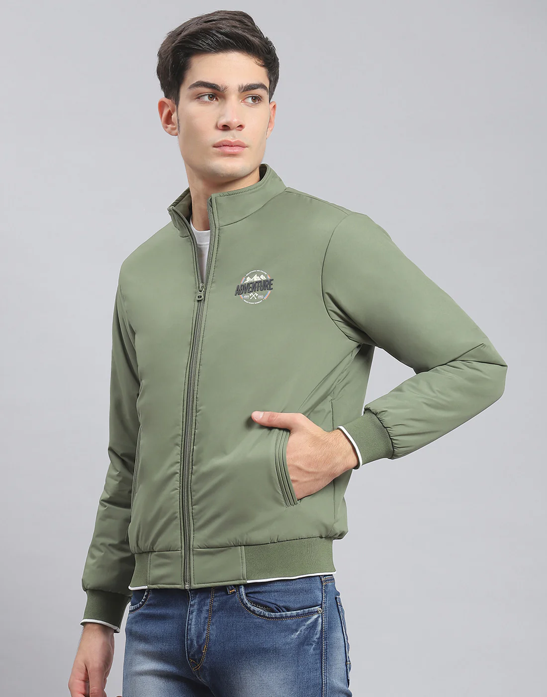 Men Green Solid Stand Collar Full Sleeve Jacket - Image 3