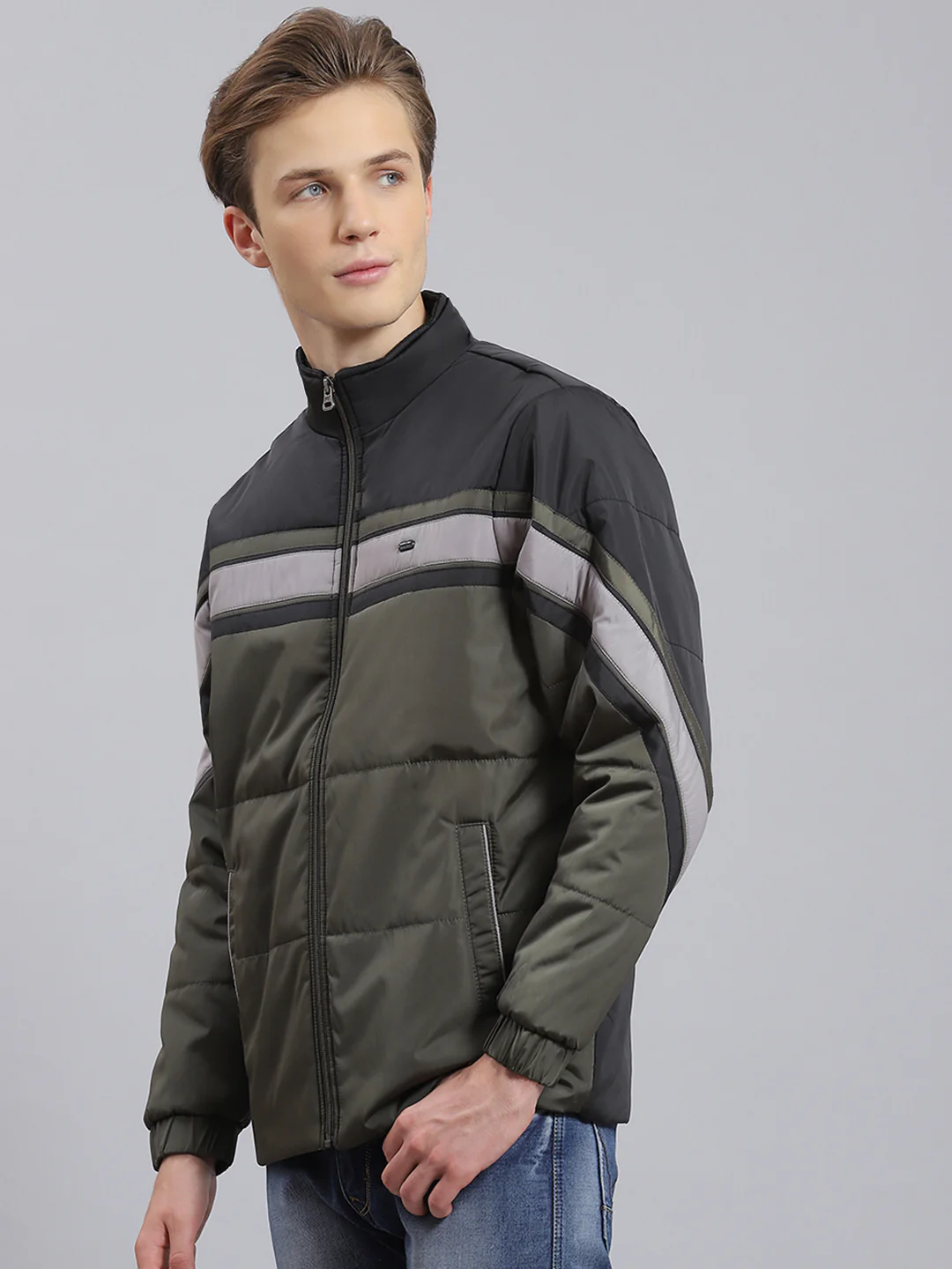 Men Green Solid Stand Collar Full Sleeve Jacket - Image 2