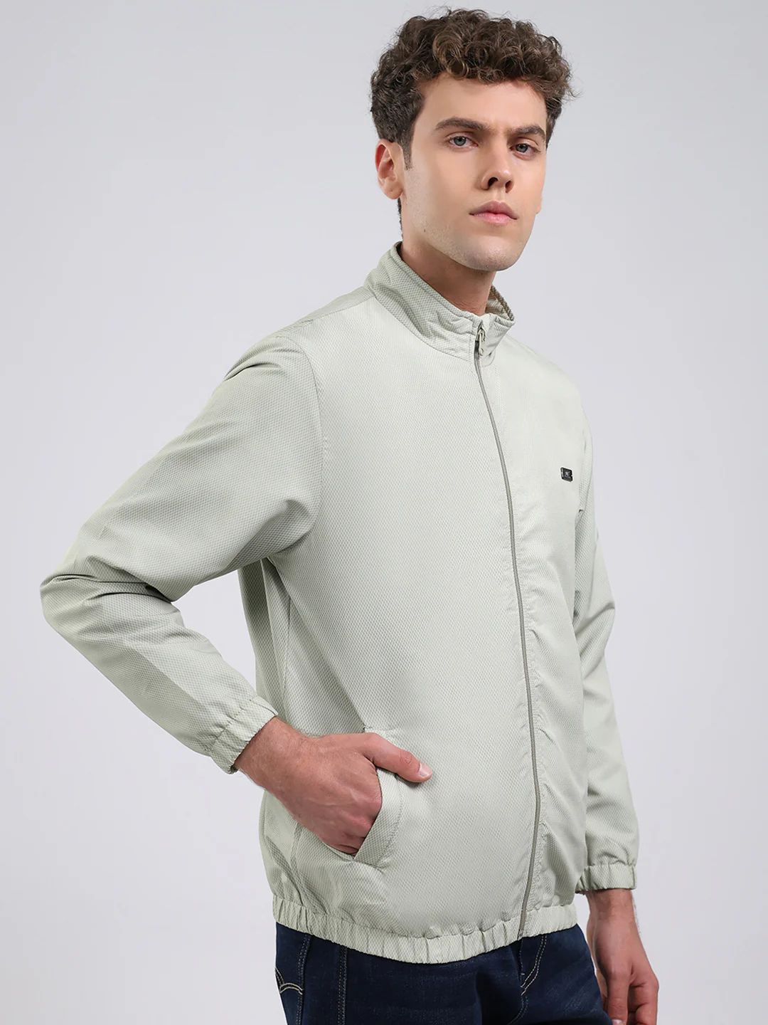 Men Green Solid Stand Collar Full Sleeve Jacket - Image 4
