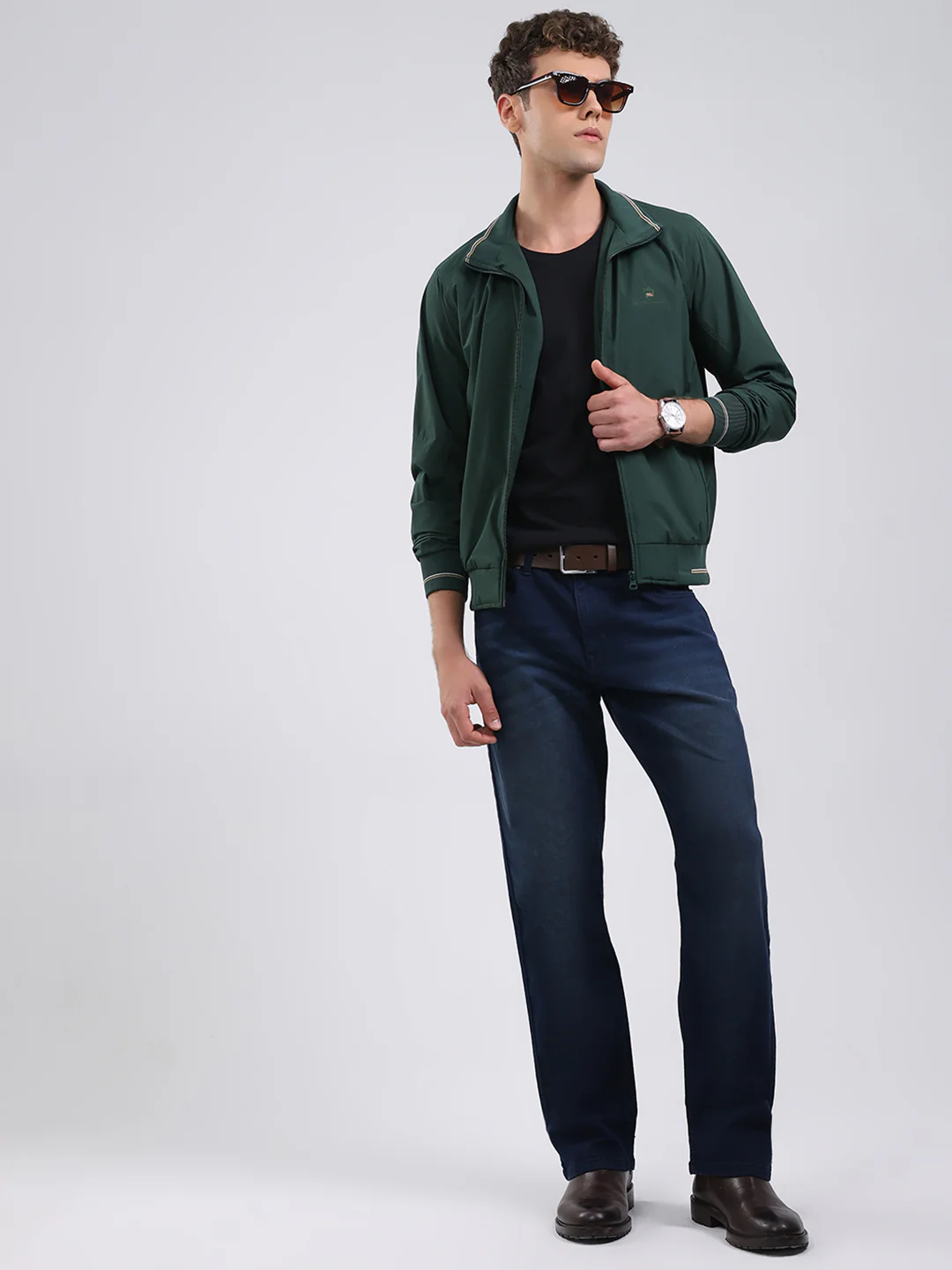 Men Green Solid Stand Collar Full Sleeve Jacket - Image 2