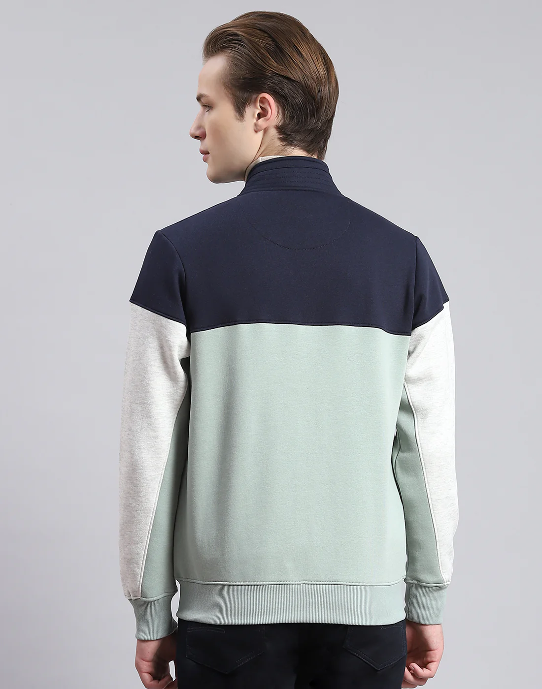 Men Green Solid Stand Collar Full Sleeve Sweatshirt - Image 5