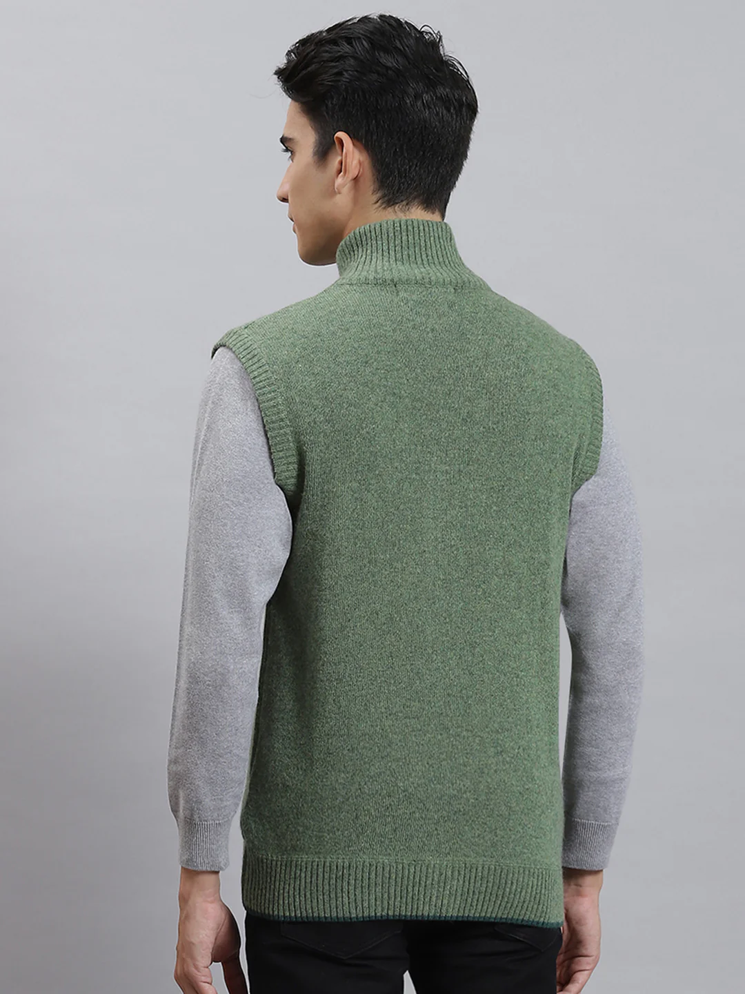 Men Green Solid Stand Collar Sleeveless Sweaters/Pullovers - Image 5