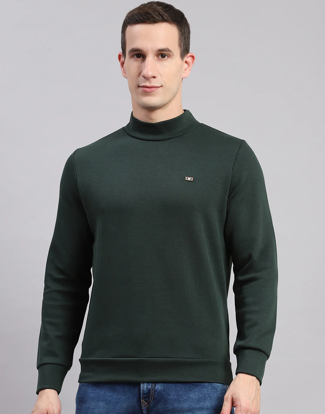 Men Green Solid T Neck Full Sleeve Sweatshirts - Image 2