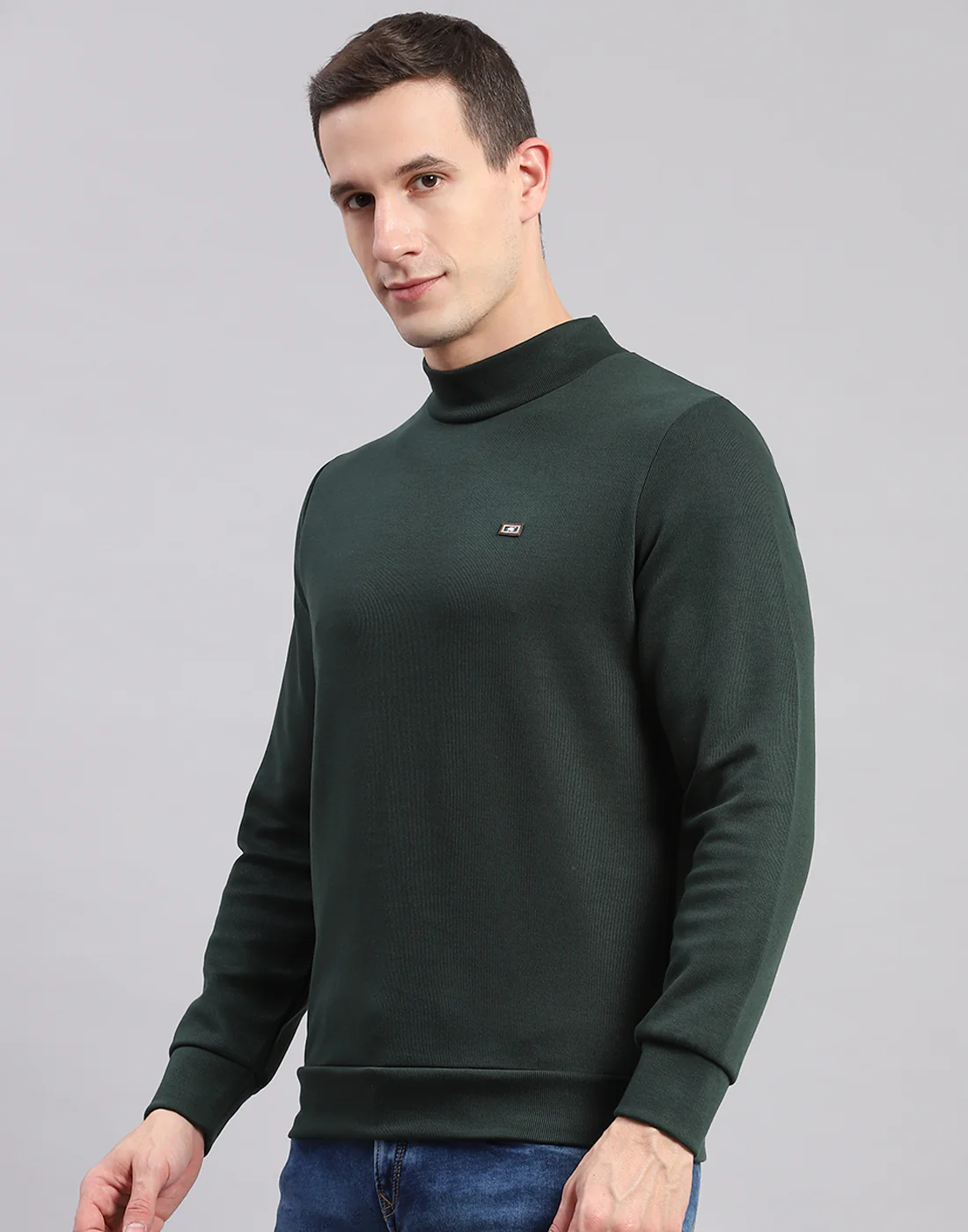 Men Green Solid T Neck Full Sleeve Sweatshirts - Image 3