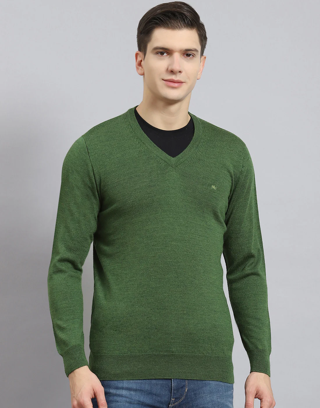 Men Green Solid V Neck Full Sleeve Pullover - Image 3