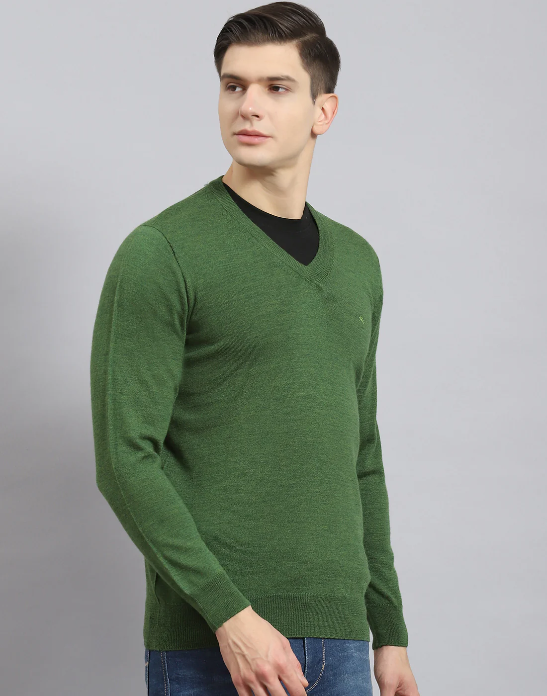 Men Green Solid V Neck Full Sleeve Pullover - Image 5