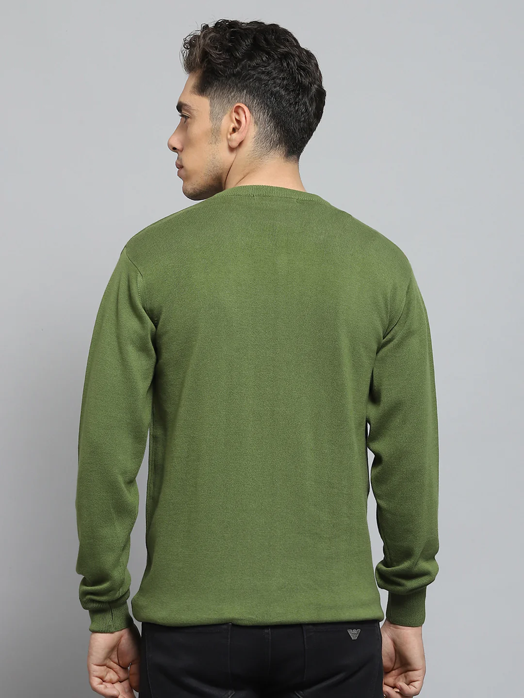 Men Green Solid V Neck Full Sleeve Pullover - Image 5