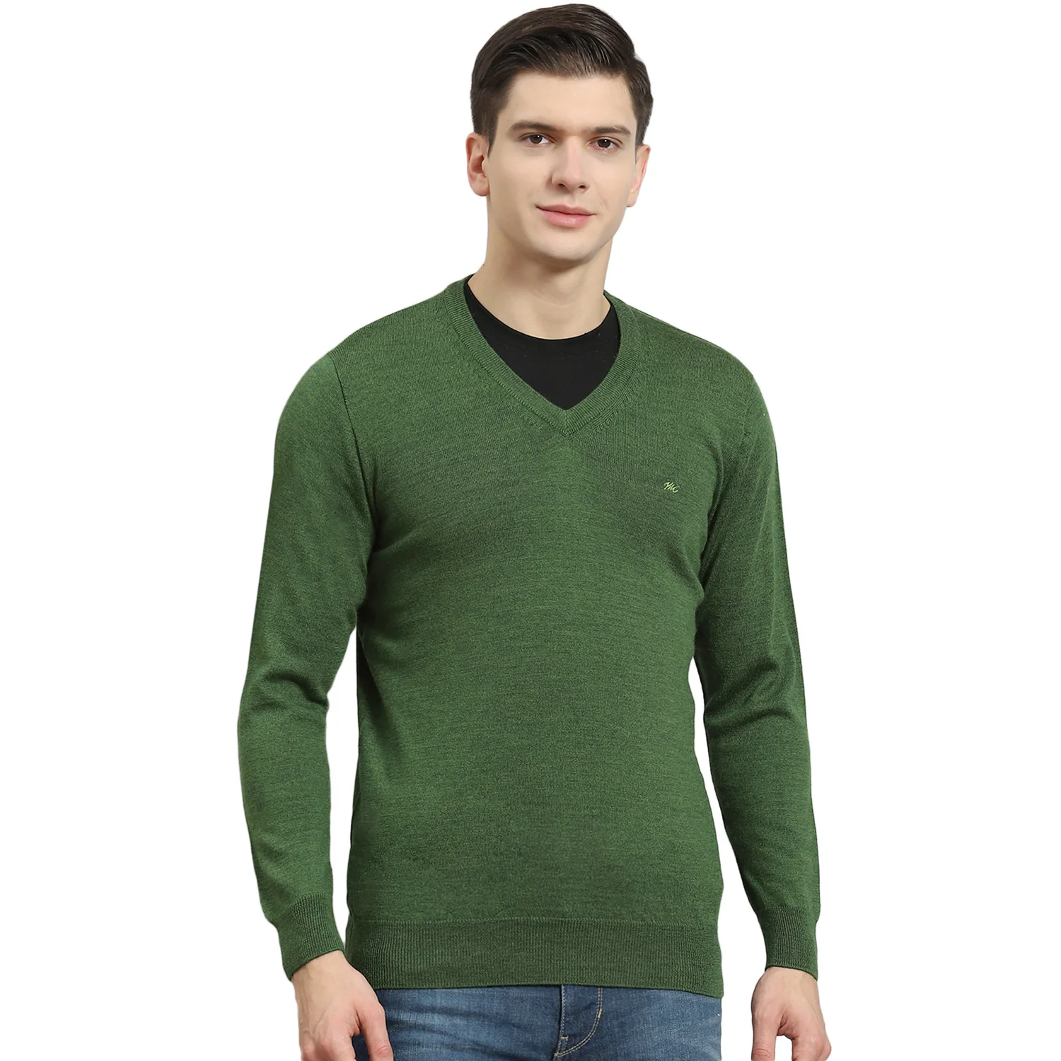 Men Green Solid V Neck Full Sleeve Sweater - Image 5