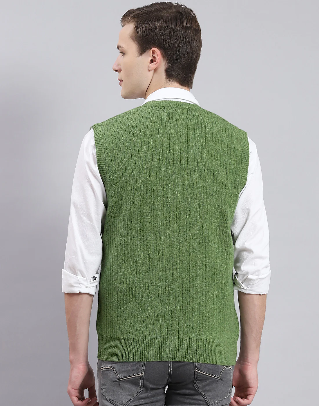 Men Green Solid V Neck Sleeveless Sweater - Image 6