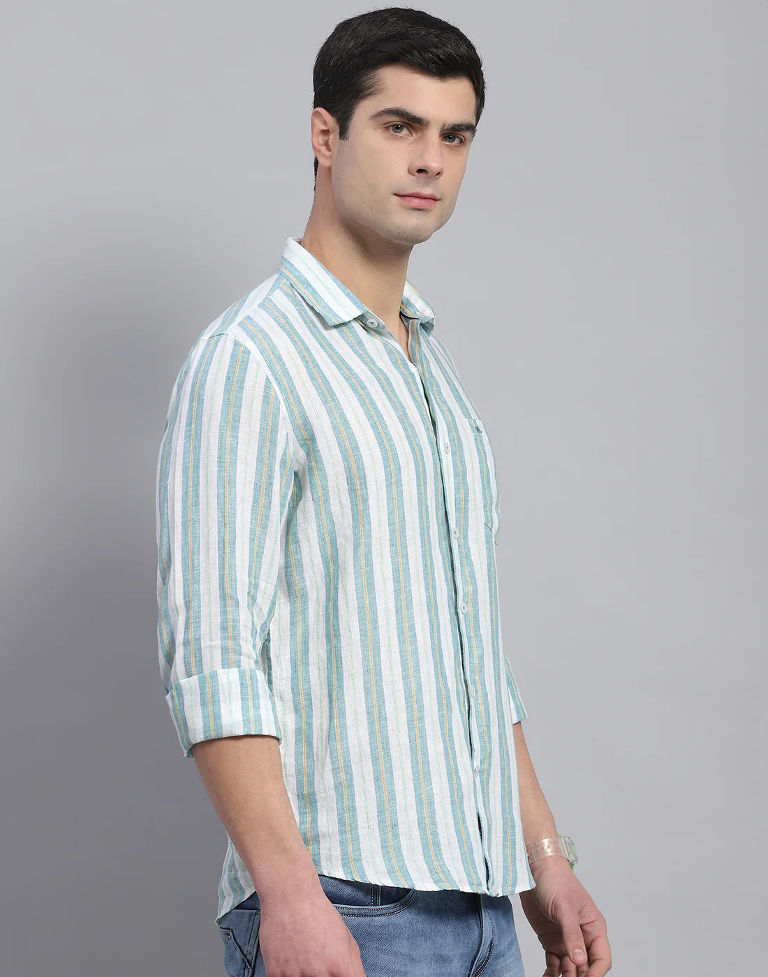 Men Green Stripe Collar Full Sleeve Linen Shirt - Image 5