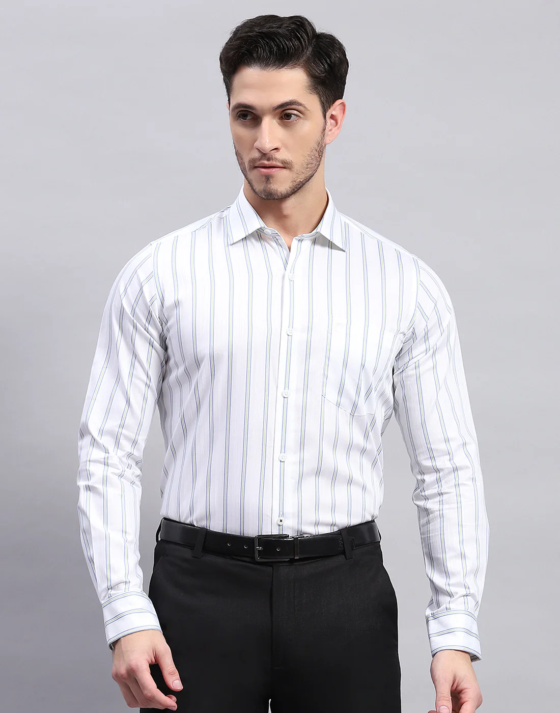 Men Green Stripe Collar Full Sleeve Shirt - Image 3