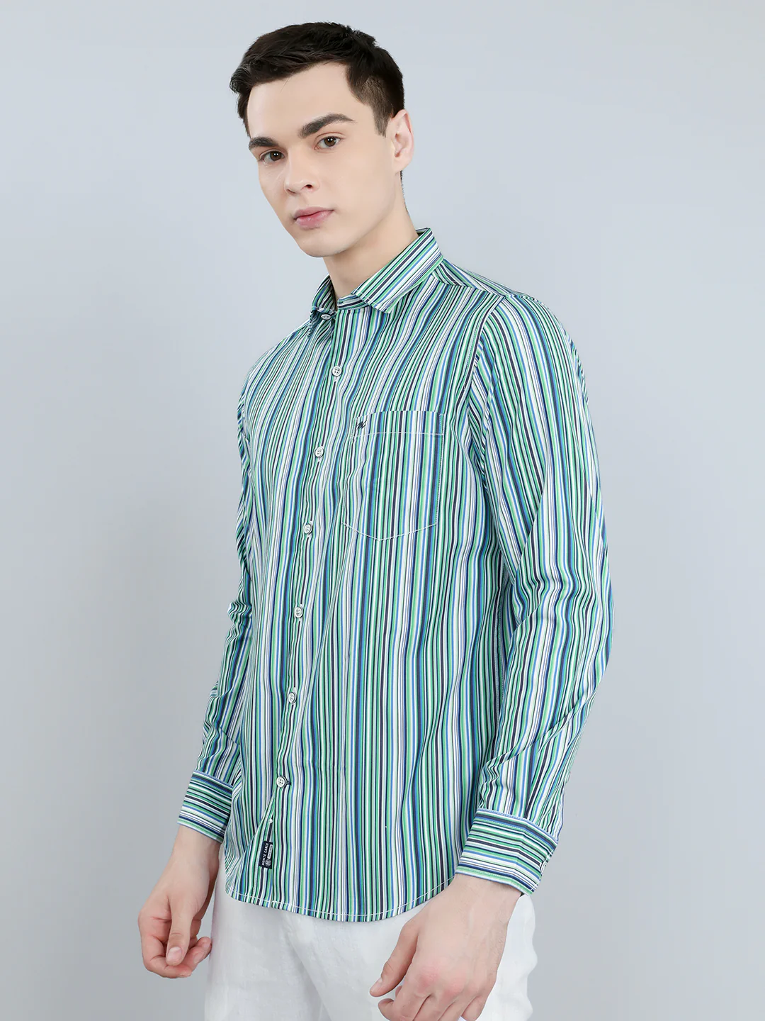 Men Green Stripe Collar Full Sleeve Shirt - Image 2