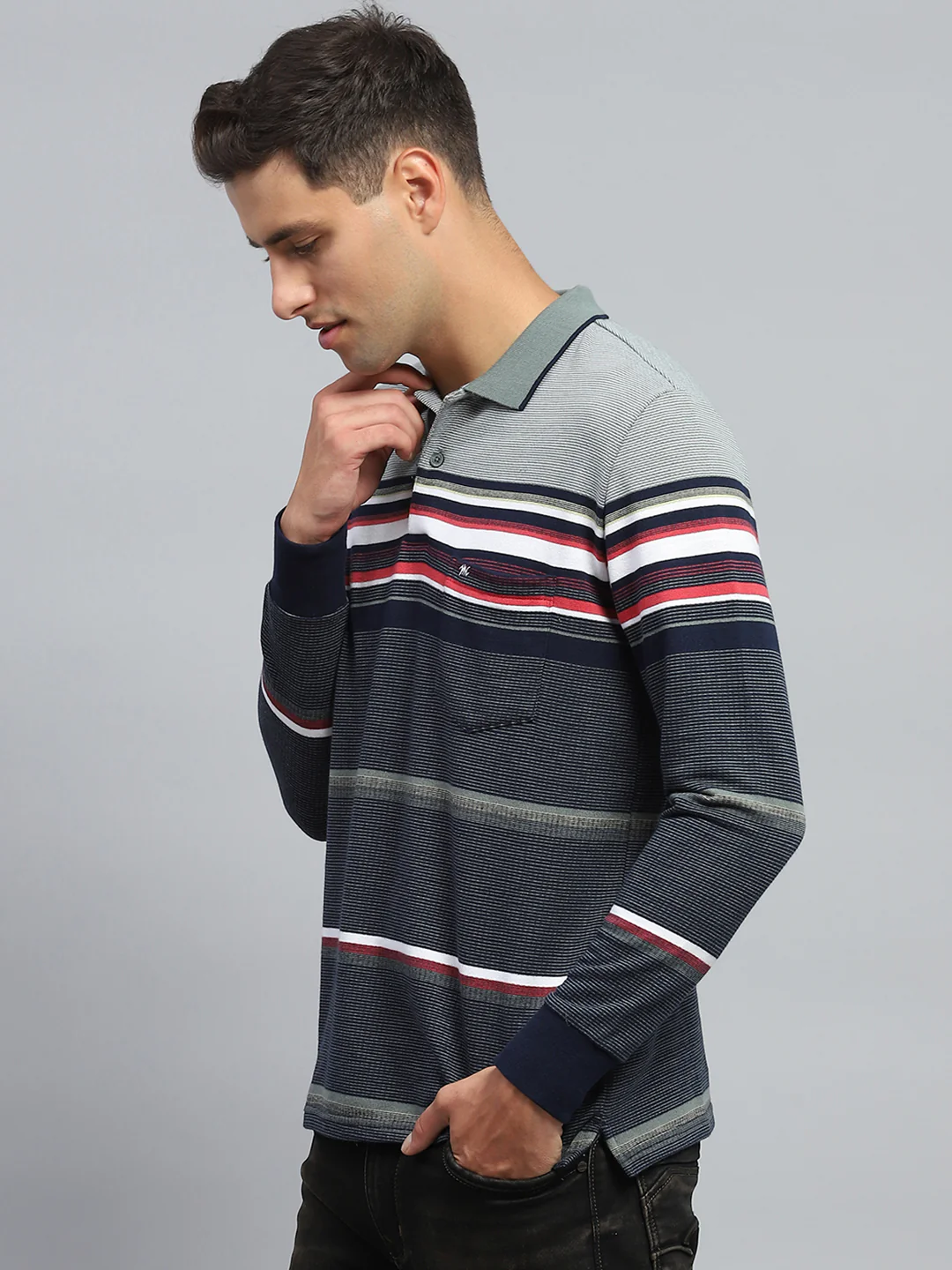 Men Green Stripe Collar Full Sleeve Winter T-Shirt - Image 3