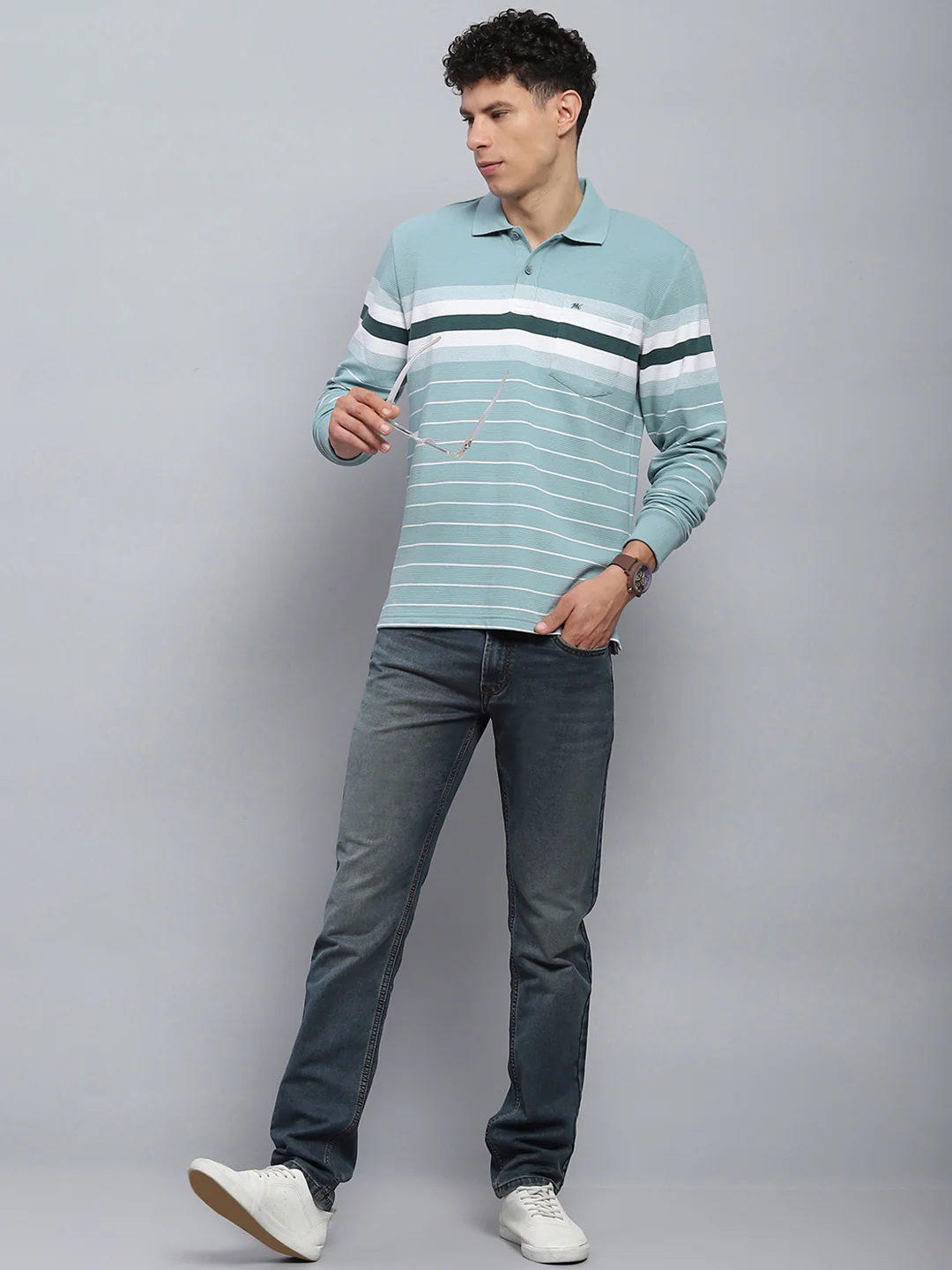 Men Green Stripe Collar Full Sleeve Winter T-Shirt - Image 2
