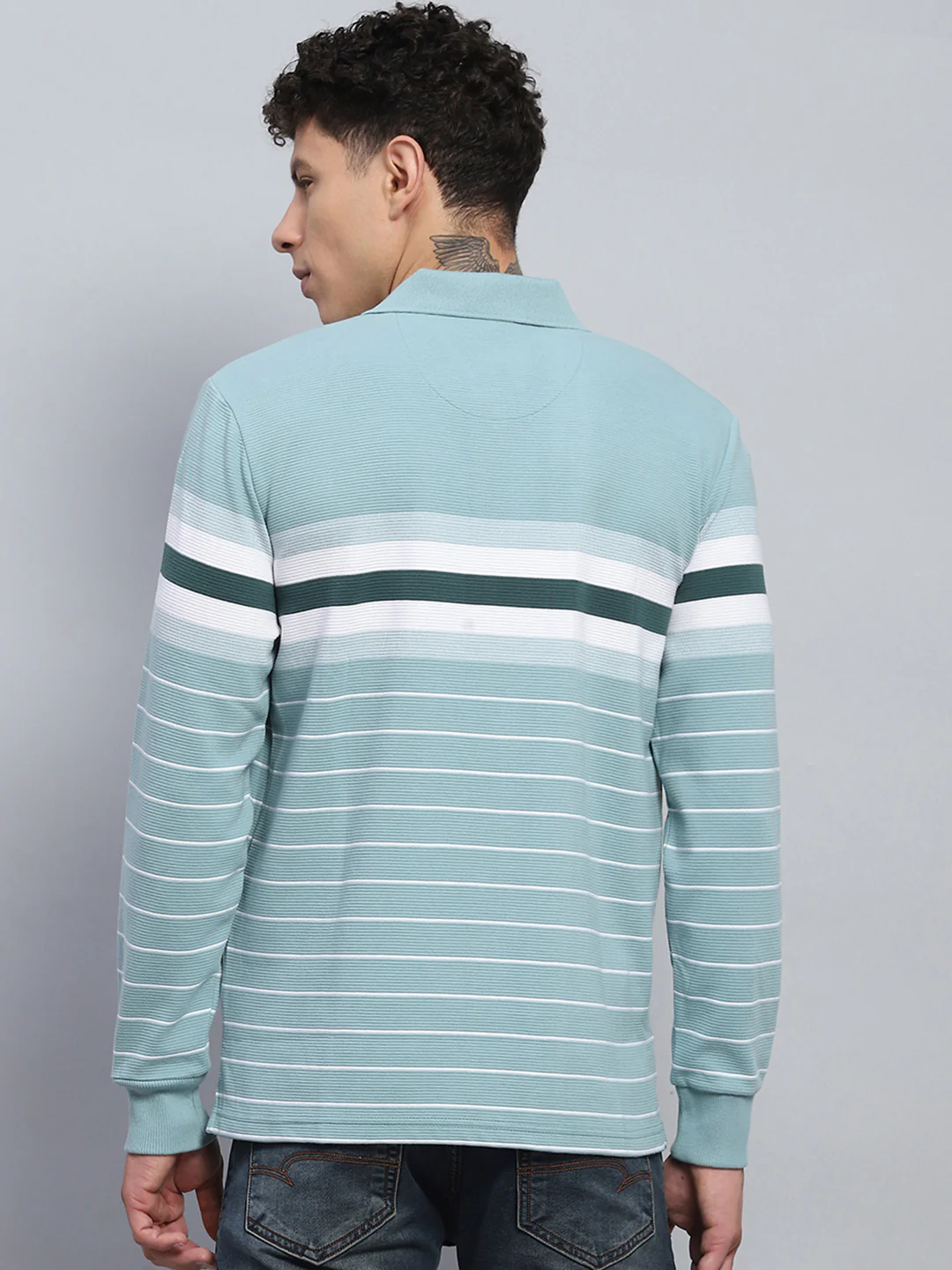 Men Green Stripe Collar Full Sleeve Winter T-Shirt - Image 5