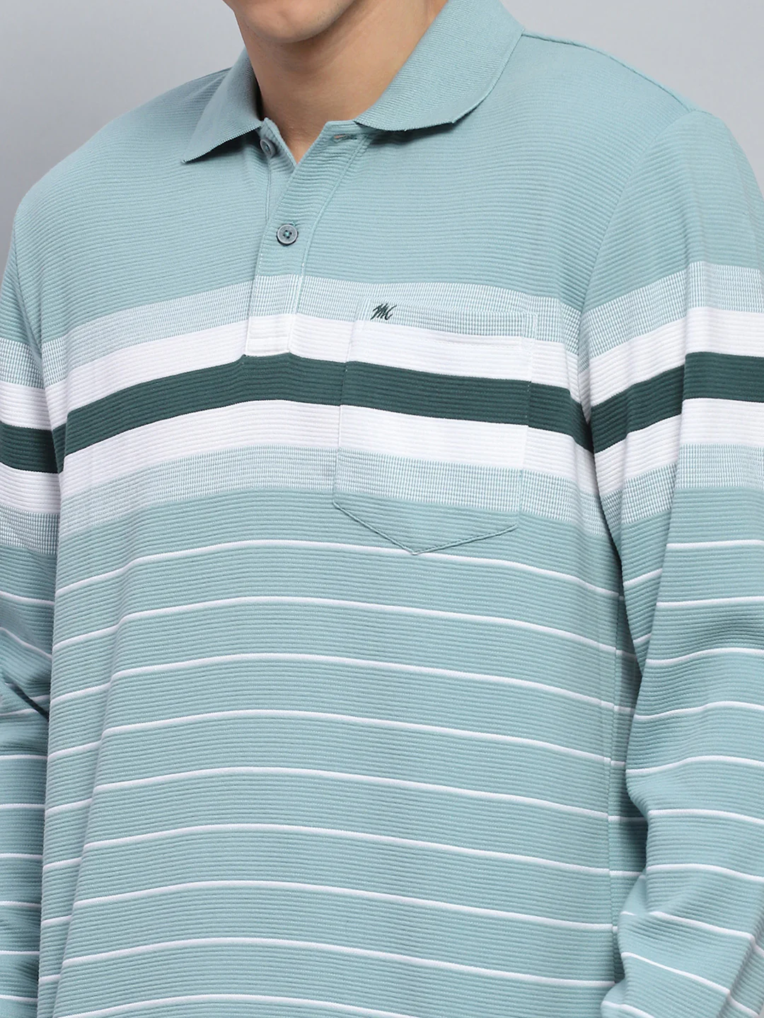 Men Green Stripe Collar Full Sleeve Winter T-Shirt - Image 6