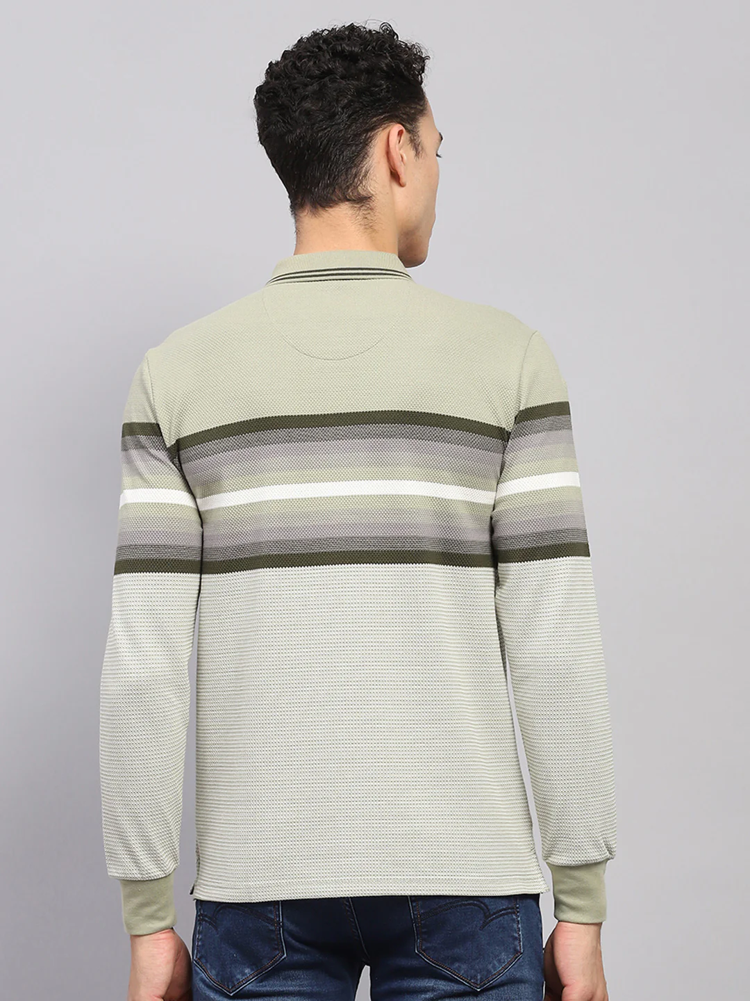 Men Green Stripe Collar Full Sleeve Winter T-Shirt - Image 5