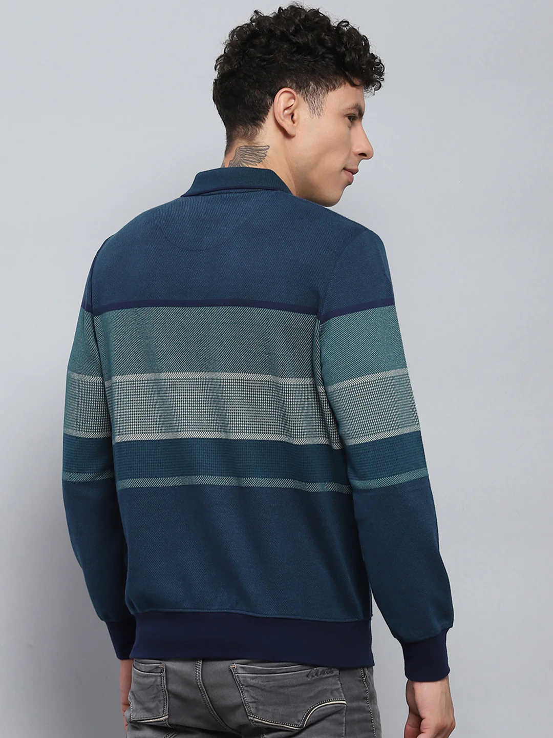 Men Green Stripe Collar Full Sleeve Winter T-Shirt - Image 5