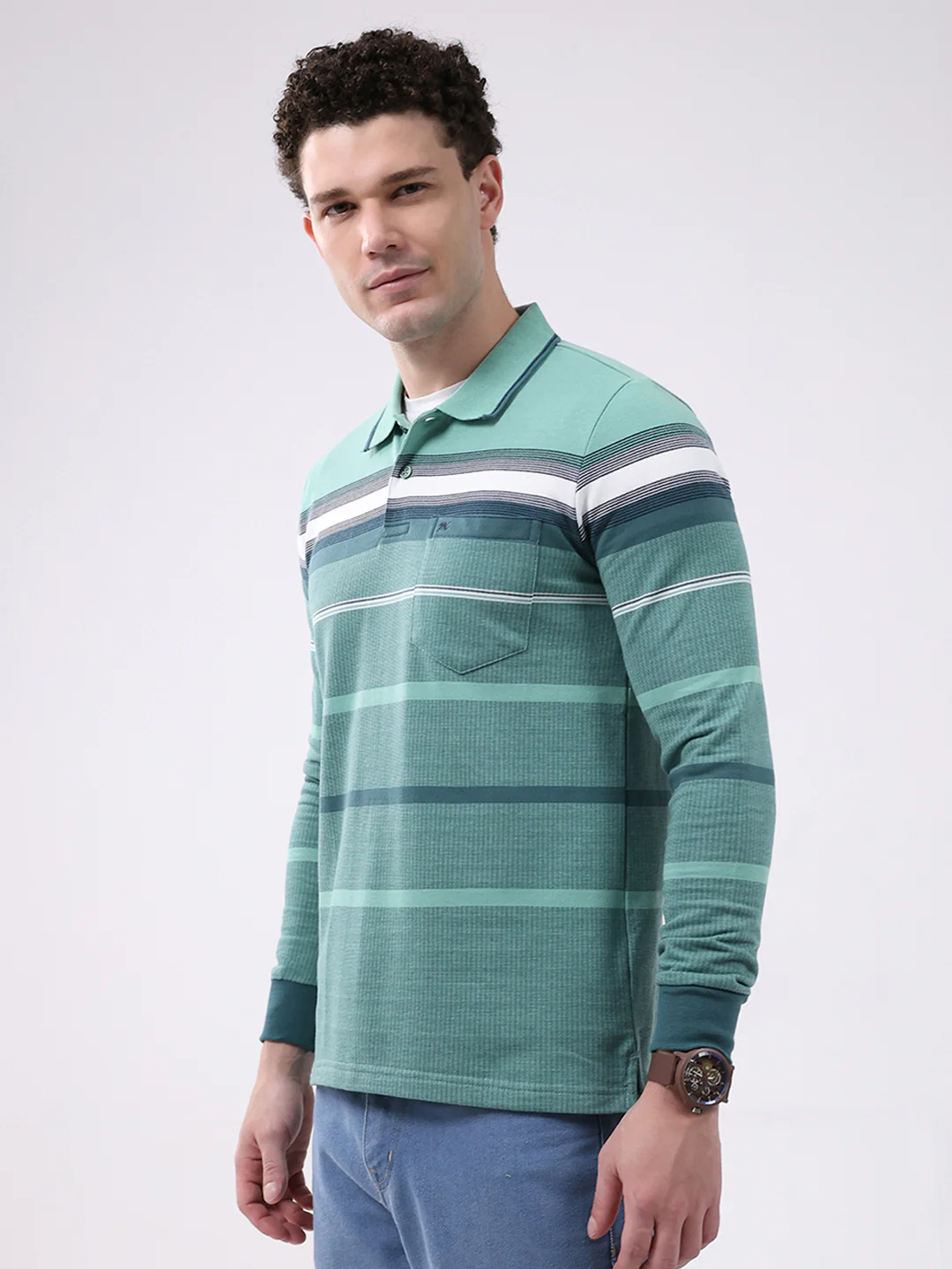 Men Green Stripe Collar Full Sleeve Winter T-Shirt - Image 3