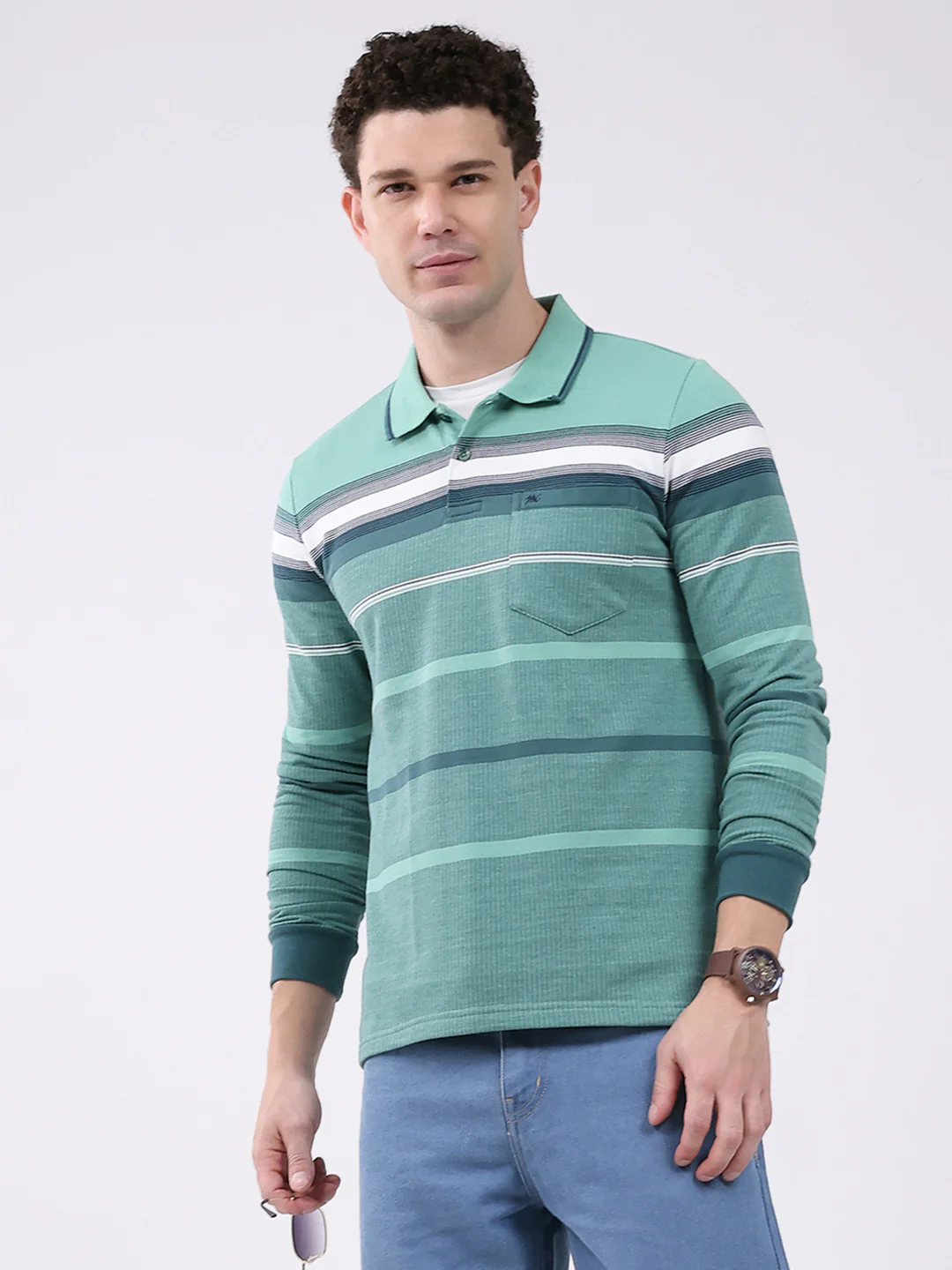 Men Green Stripe Collar Full Sleeve Winter T-Shirt - Image 6