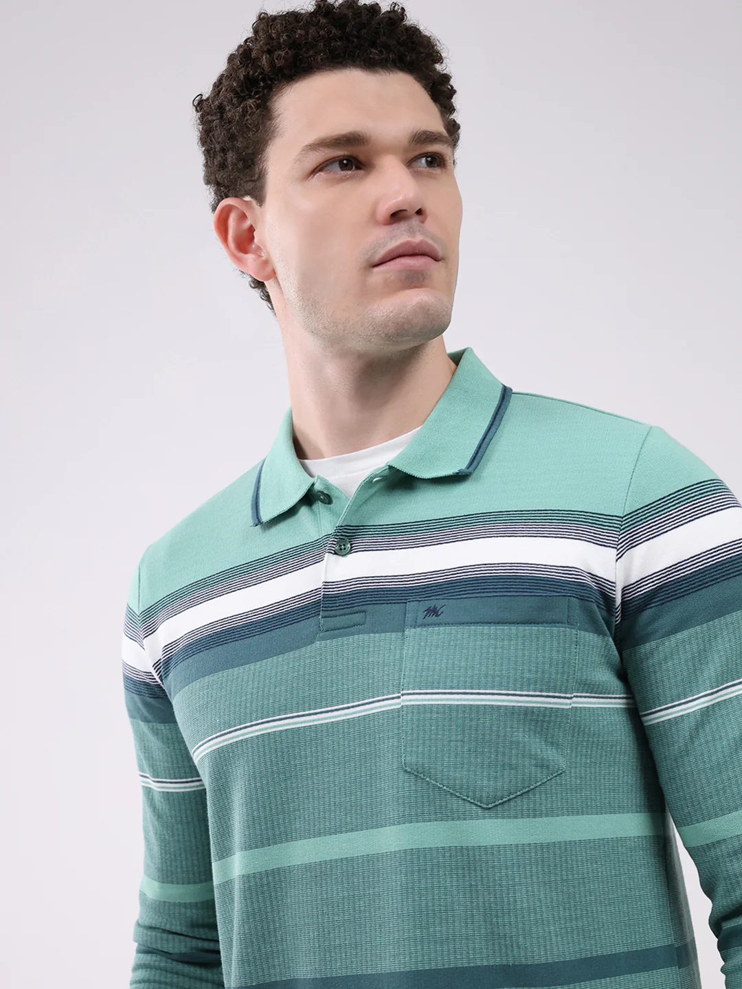 Men Green Stripe Collar Full Sleeve Winter T-Shirt - Image 7
