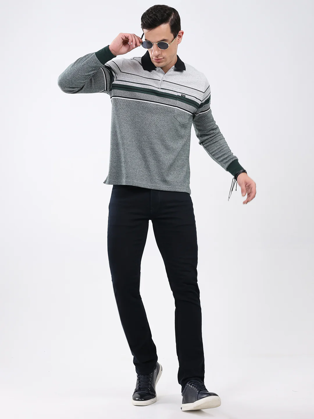 Men Green Stripe Collar Full Sleeve Winter T-Shirt - Image 2