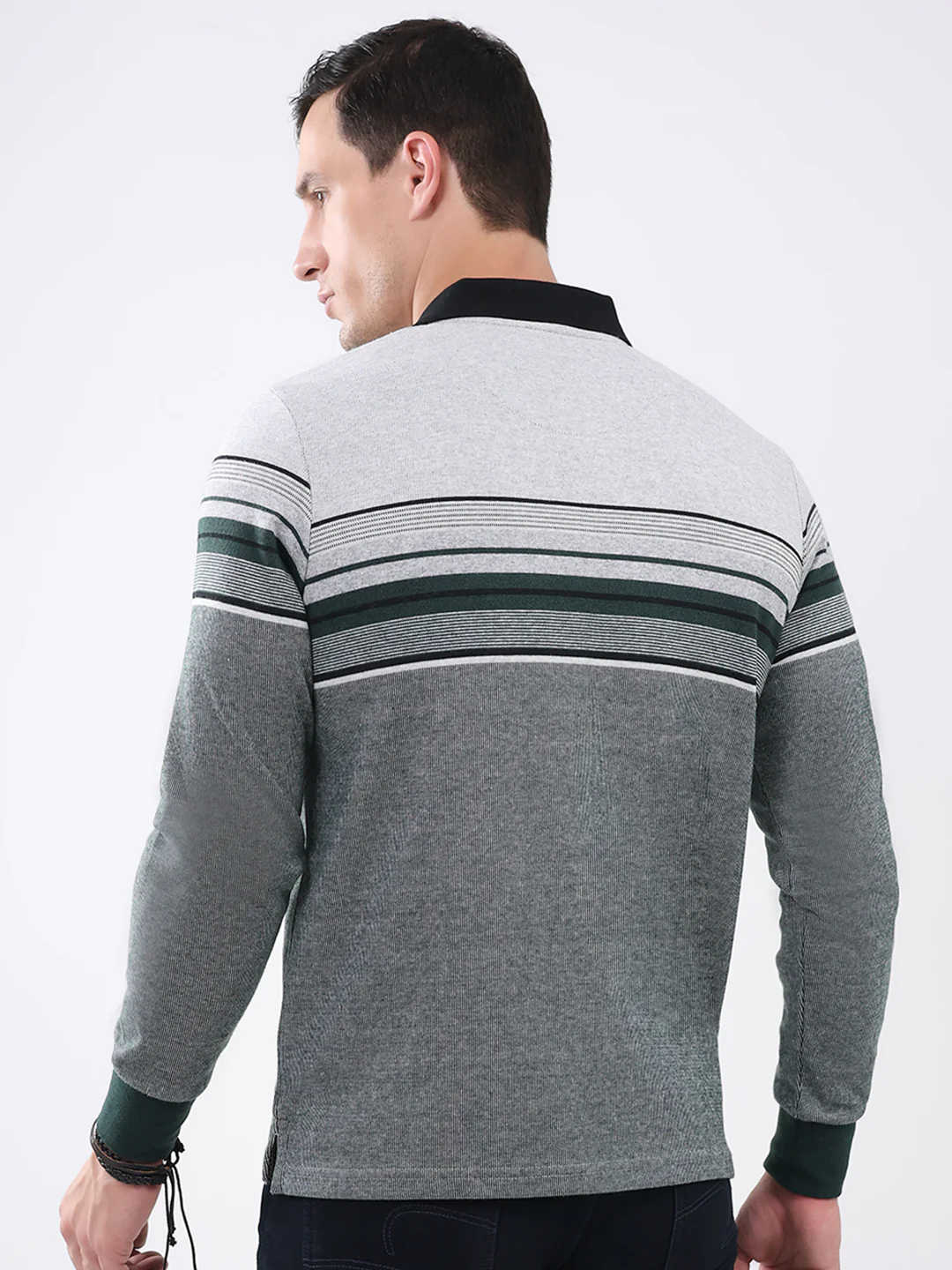 Men Green Stripe Collar Full Sleeve Winter T-Shirt - Image 5