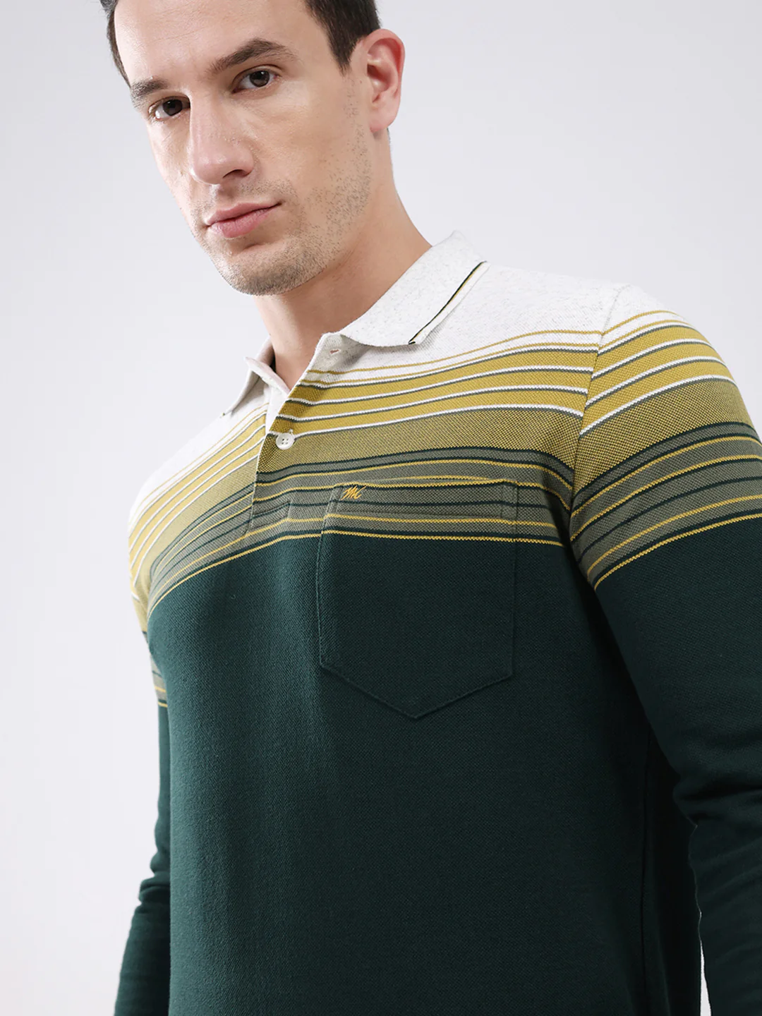Men Green Stripe Collar Full Sleeve Winter T-Shirt - Image 6