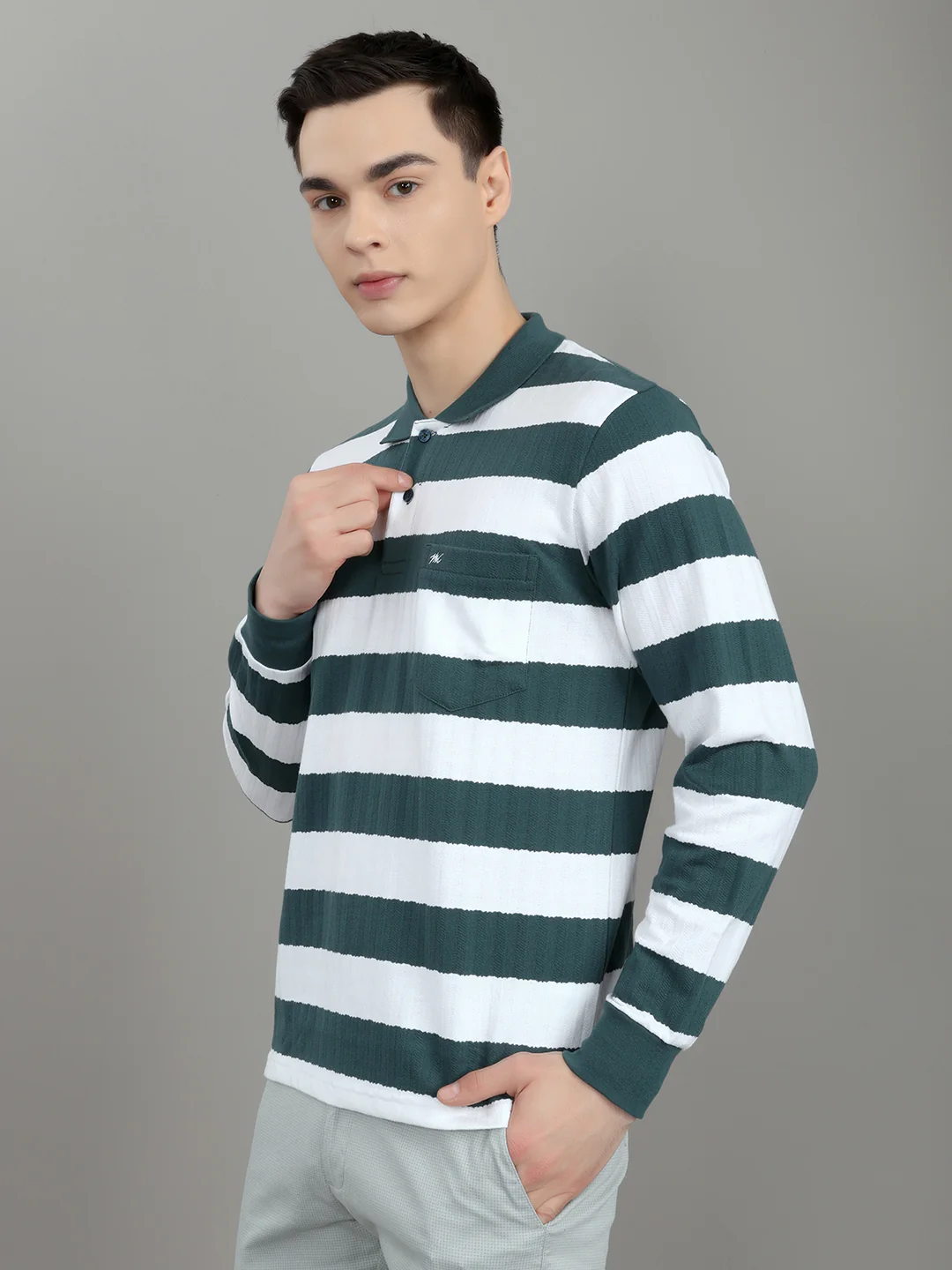 Men Green Stripe Collar Full Sleeve Winter T-Shirt - Image 2