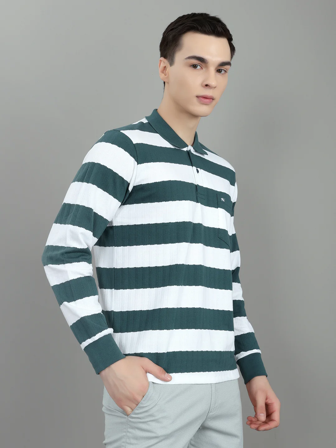 Men Green Stripe Collar Full Sleeve Winter T-Shirt - Image 3