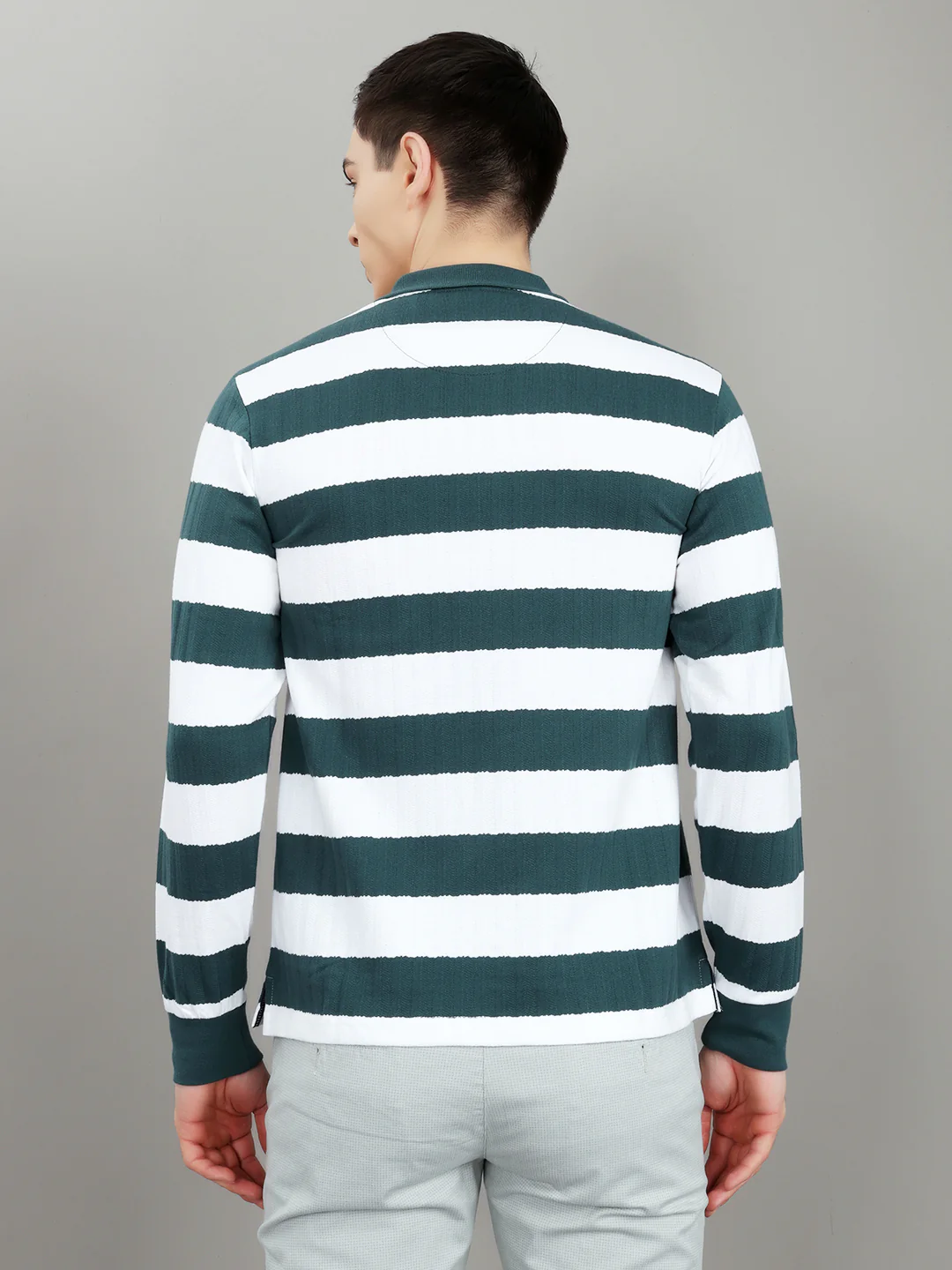 Men Green Stripe Collar Full Sleeve Winter T-Shirt - Image 4
