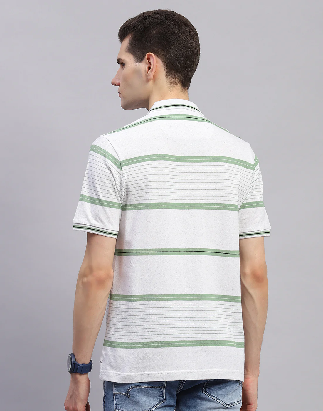 Men Green Stripe Collar Half Sleeve T-Shirt - Image 6