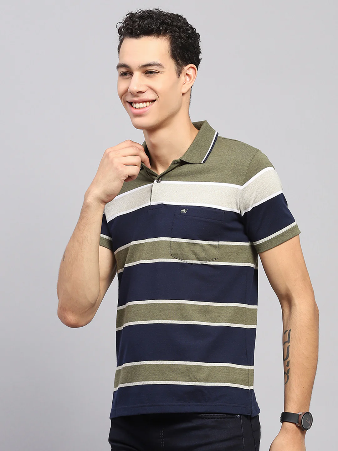 Men Green Stripe Collar Half Sleeve T-Shirt - Image 3