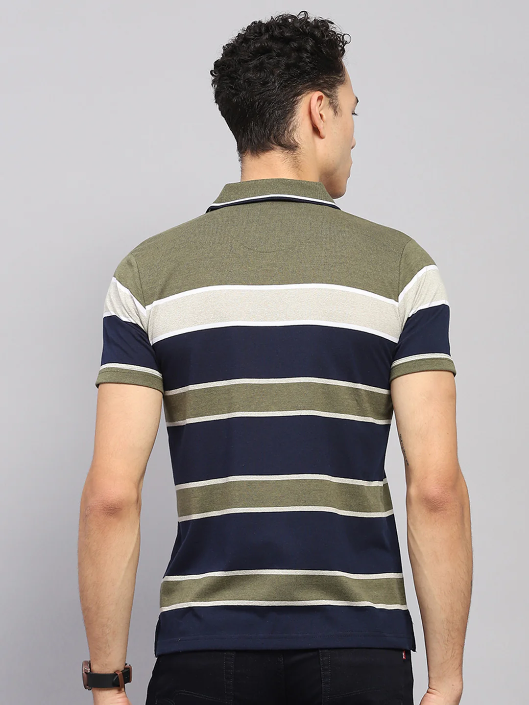 Men Green Stripe Collar Half Sleeve T-Shirt - Image 5