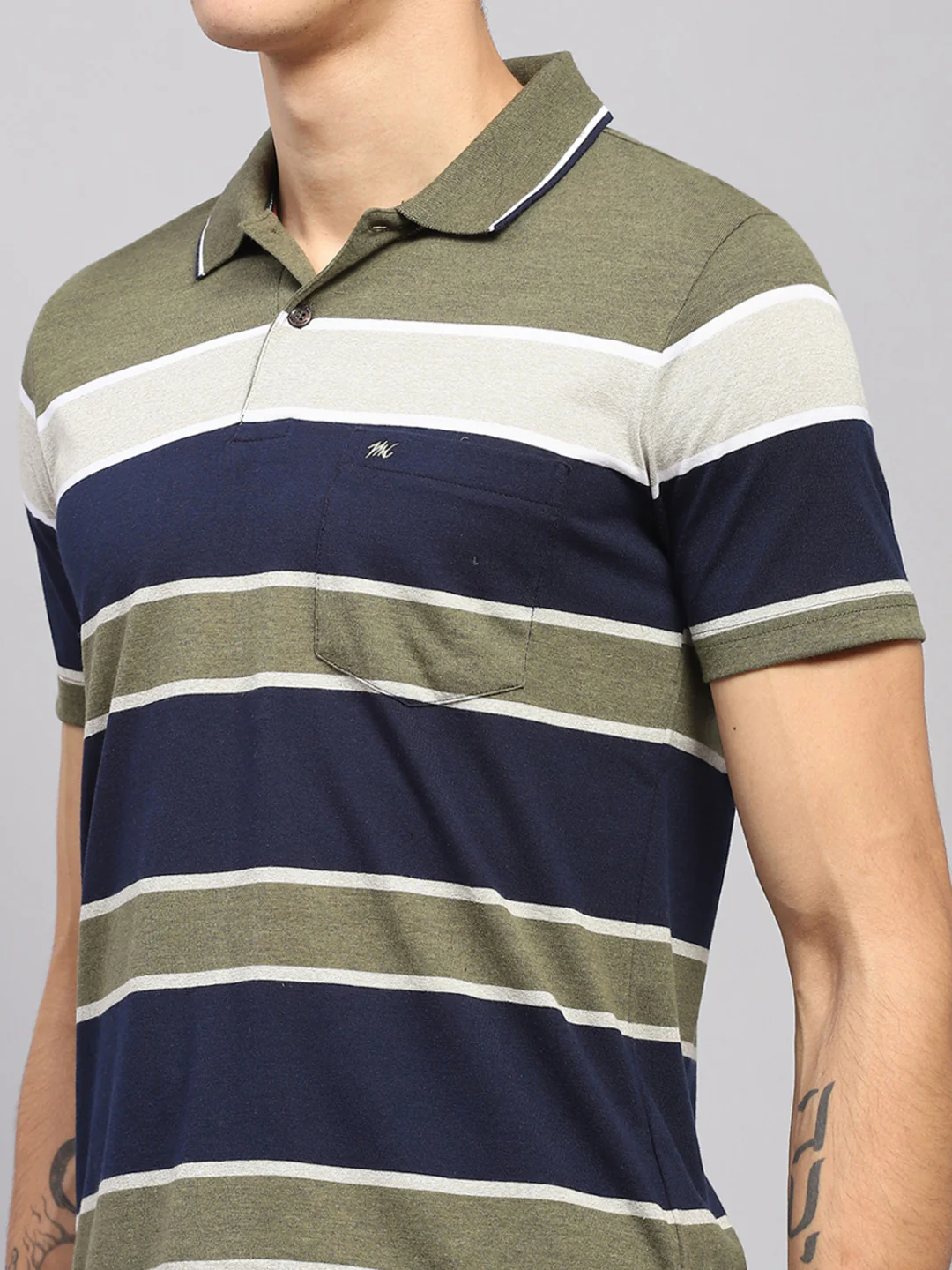 Men Green Stripe Collar Half Sleeve T-Shirt - Image 6