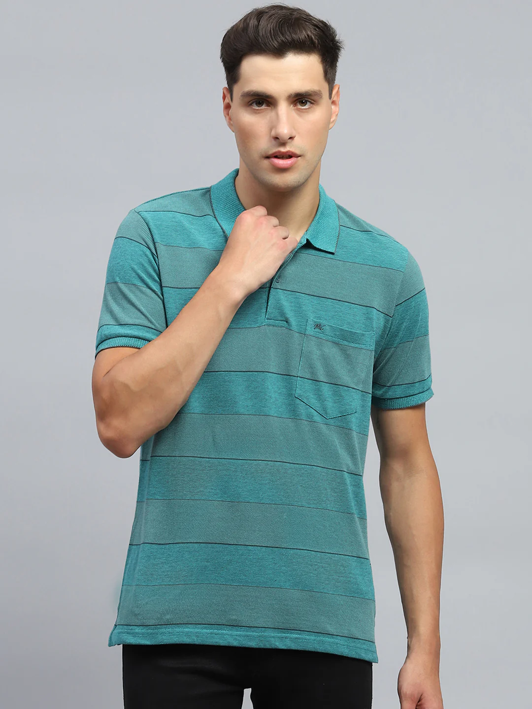 Men Green Stripe Collar Half Sleeve T-Shirt - Image 2