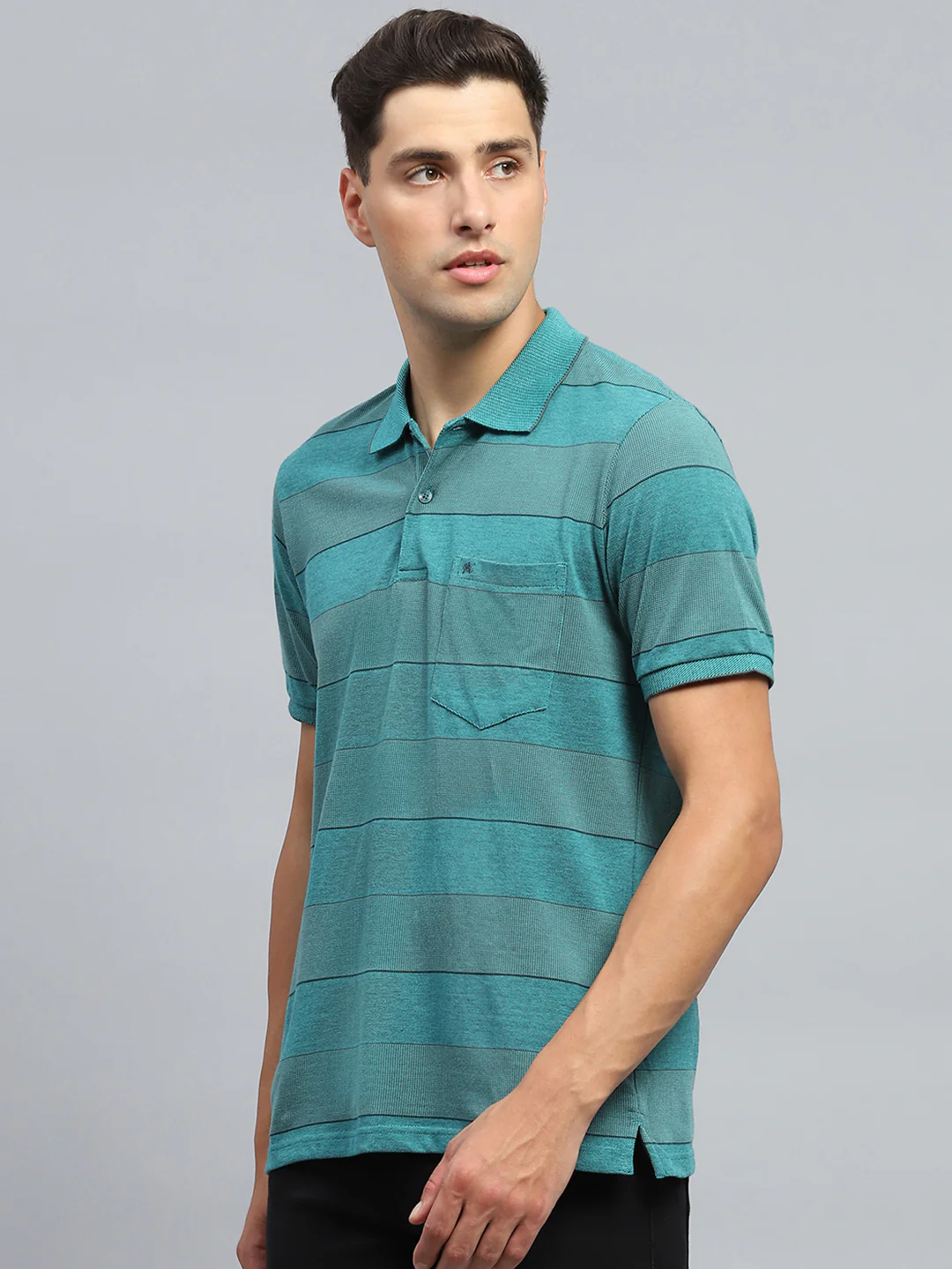 Men Green Stripe Collar Half Sleeve T-Shirt - Image 3