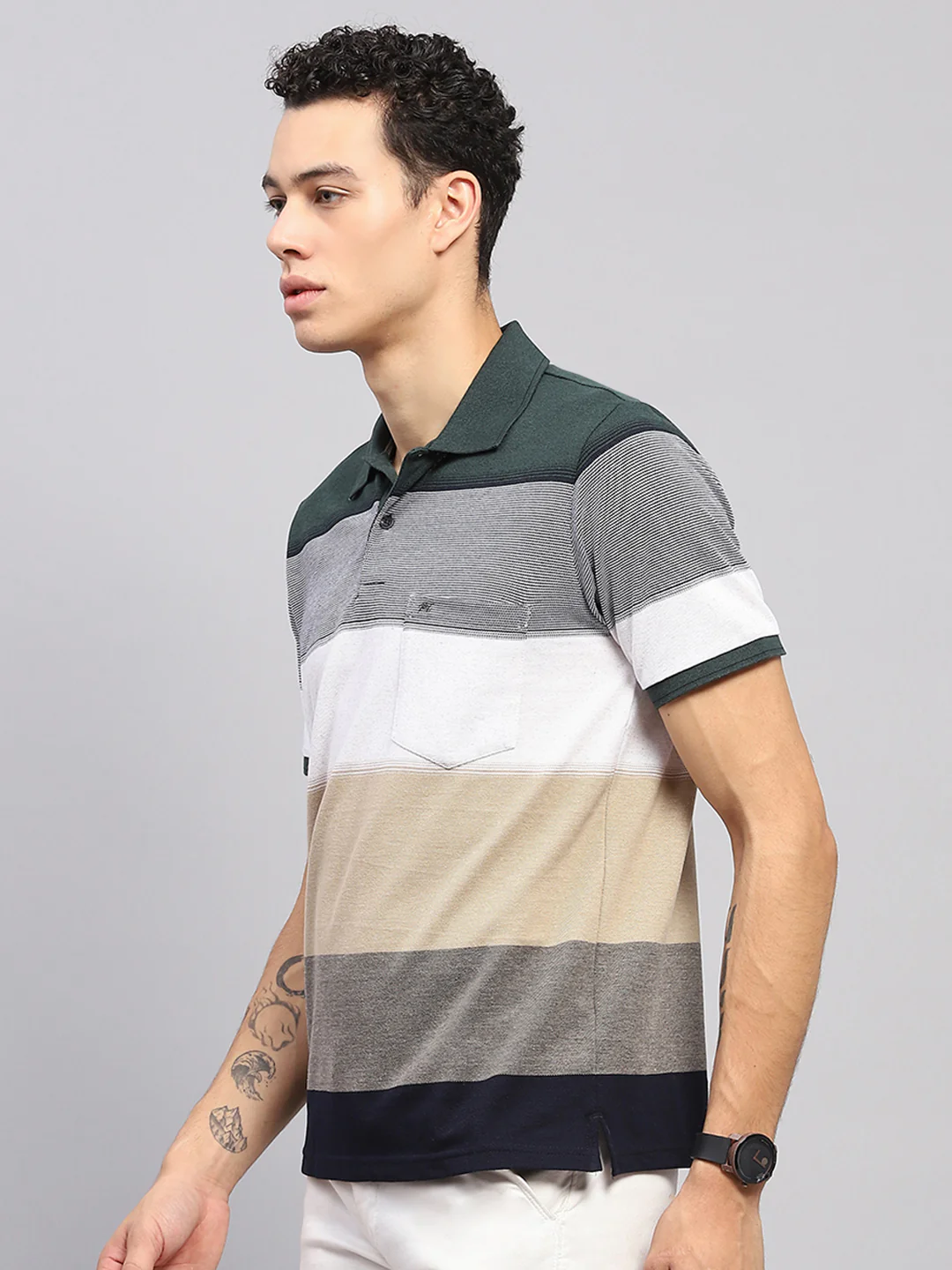 Men Green Stripe Collar Half Sleeve T-Shirt - Image 3